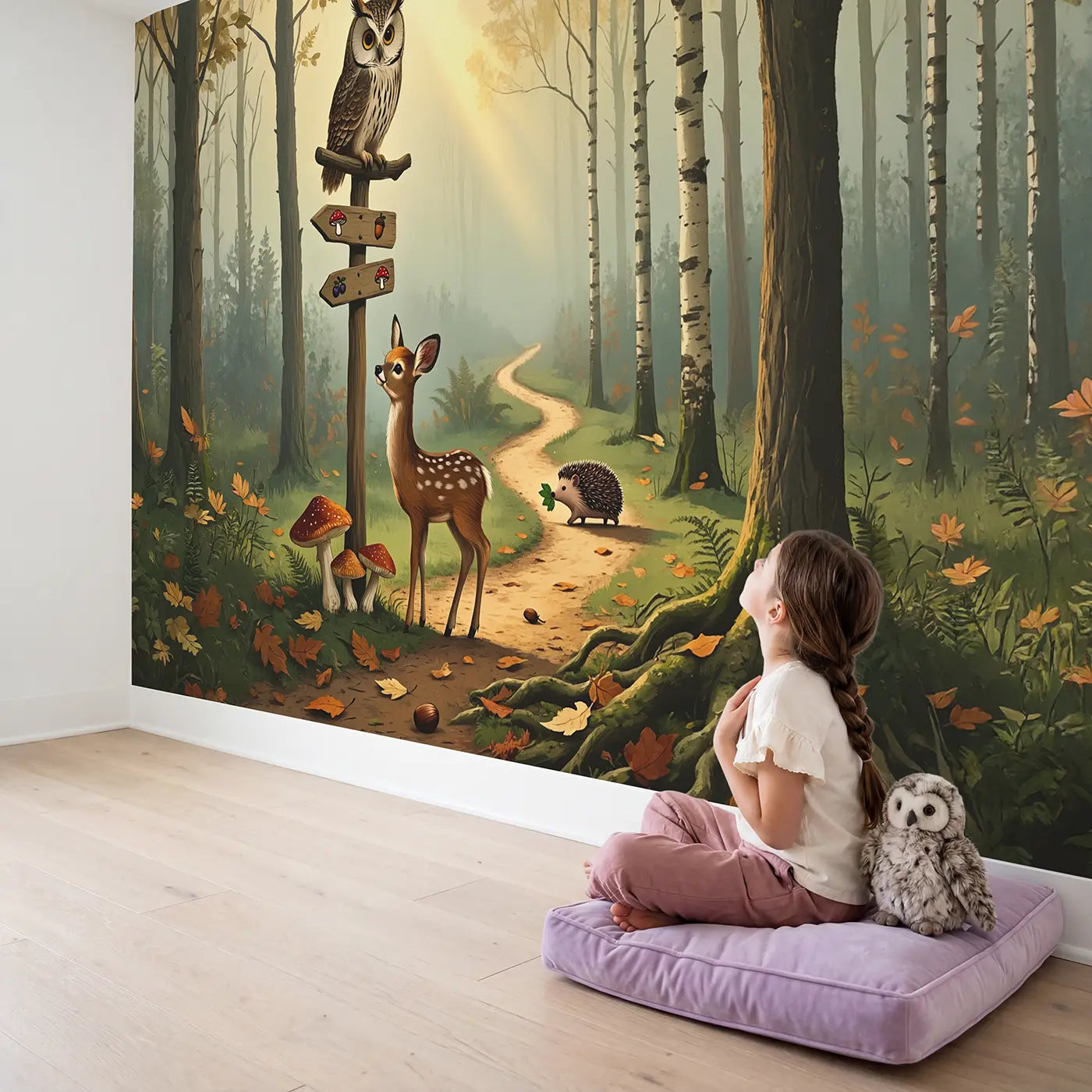 Child in nursery with Forest Crossroads Signpost Wallpaper Mural by Whimsy Tots