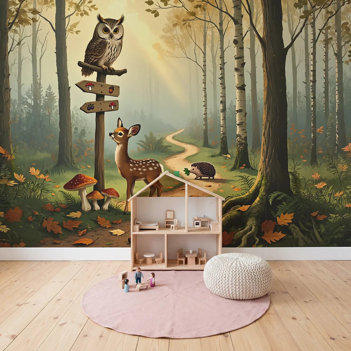 Forest Crossroads Signpost Wallpaper Mural in playroom setting by Whimsy Tots
