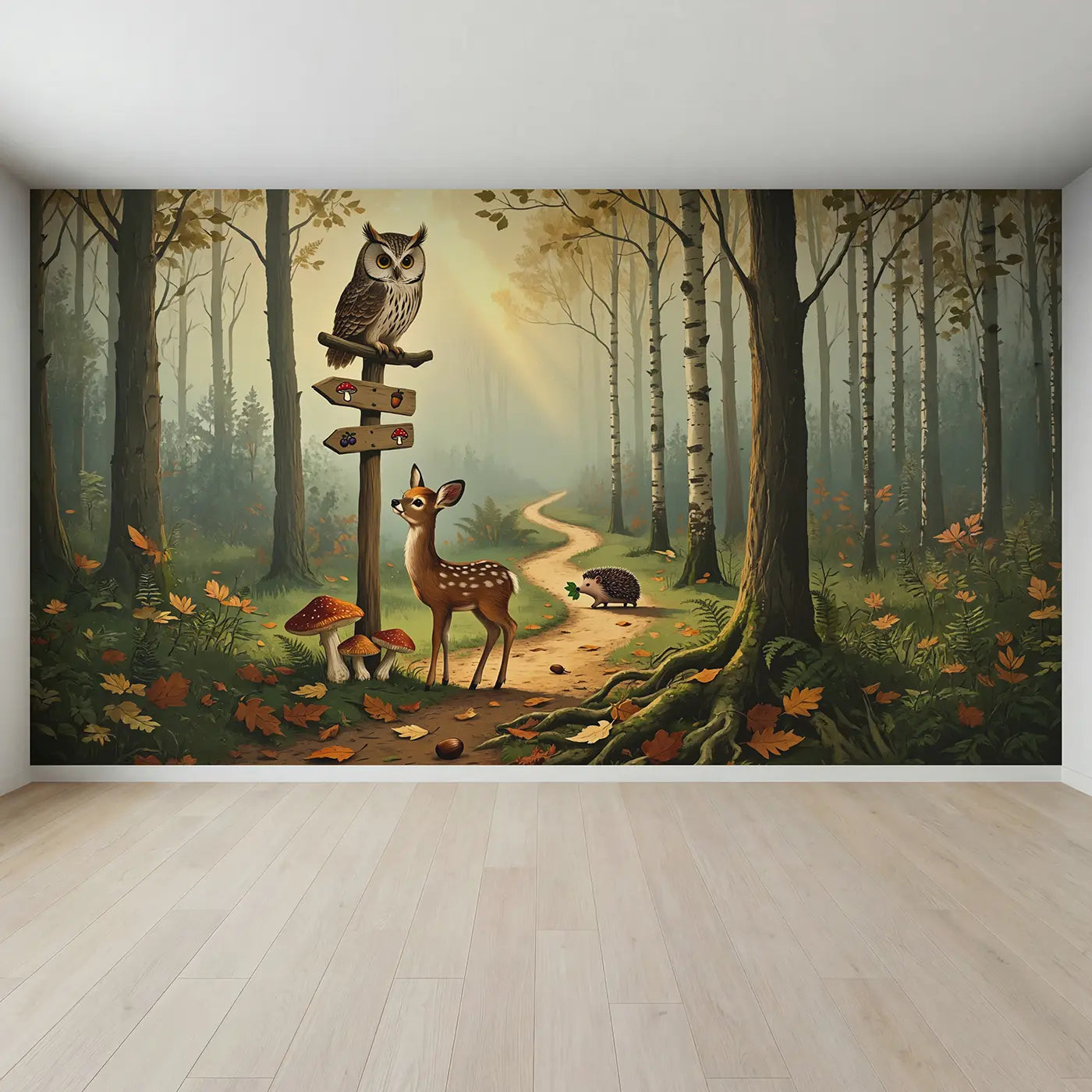 Full view of Forest Crossroads Signpost Wallpaper Mural by Whimsy Tots