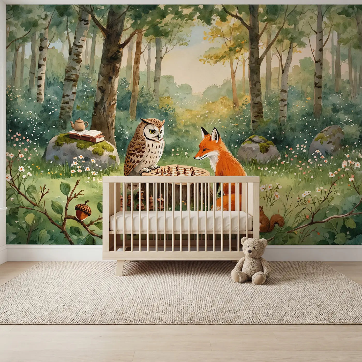 watercolor forest stump chess game animals wallpaper mural for kids room by Whimsy Tots