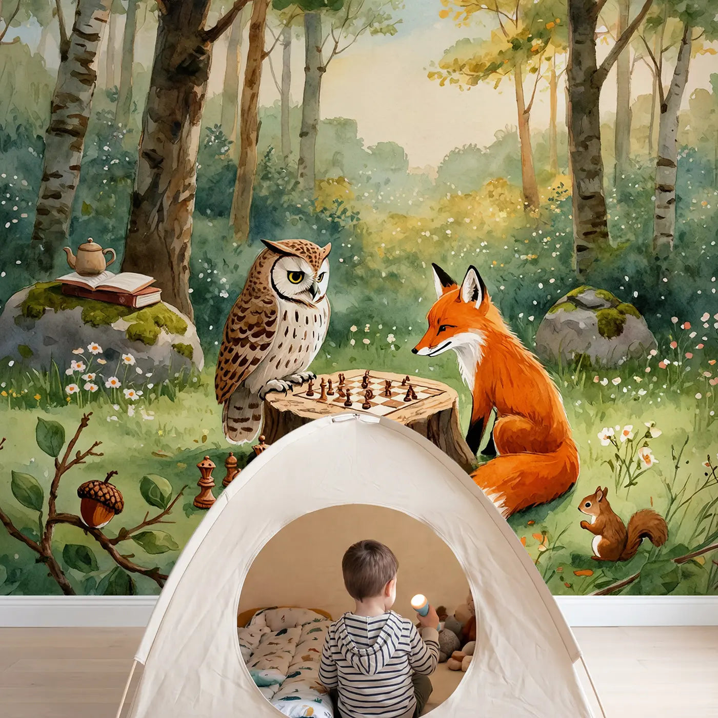 Child in nursery with Forest Stump Chess Game Wallpaper Mural by Whimsy Tots