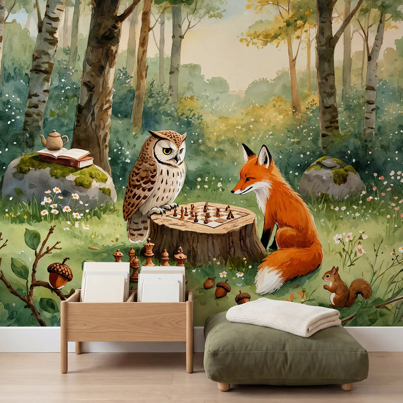 Forest Stump Chess Game Wallpaper Mural in playroom setting by Whimsy Tots