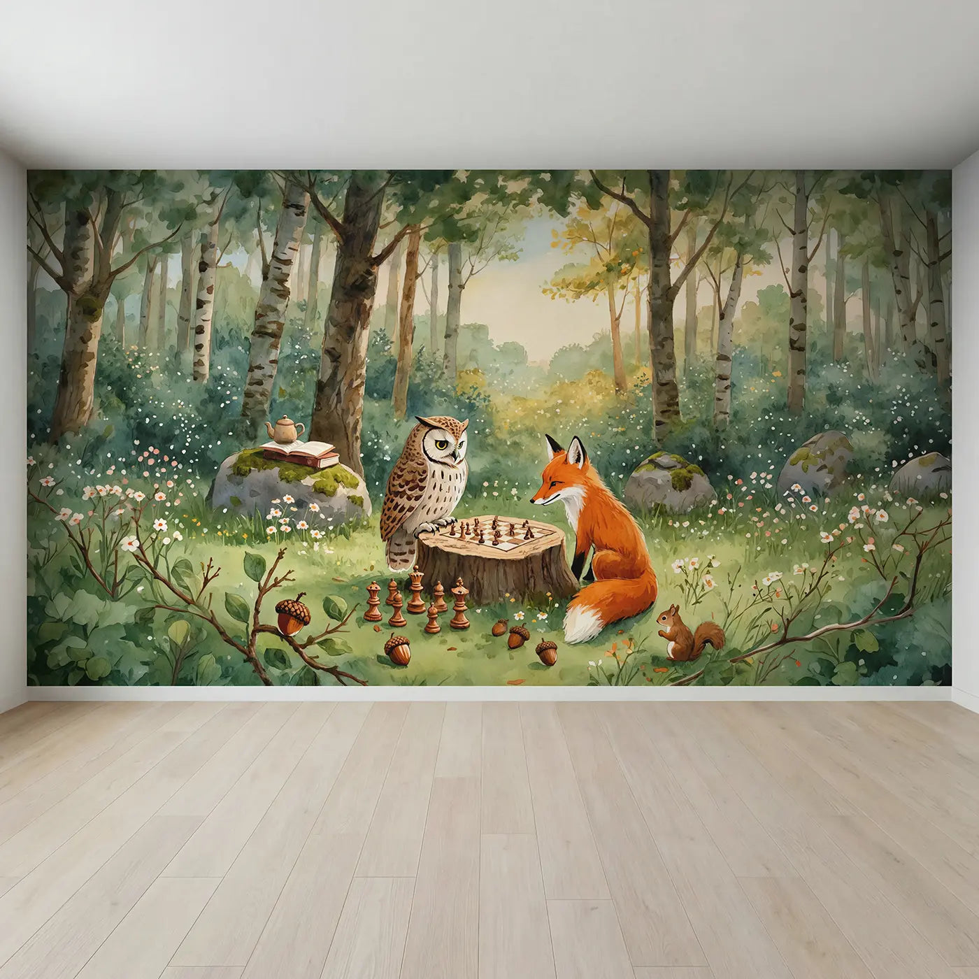 Full view of Forest Stump Chess Game Wallpaper Mural by Whimsy Tots