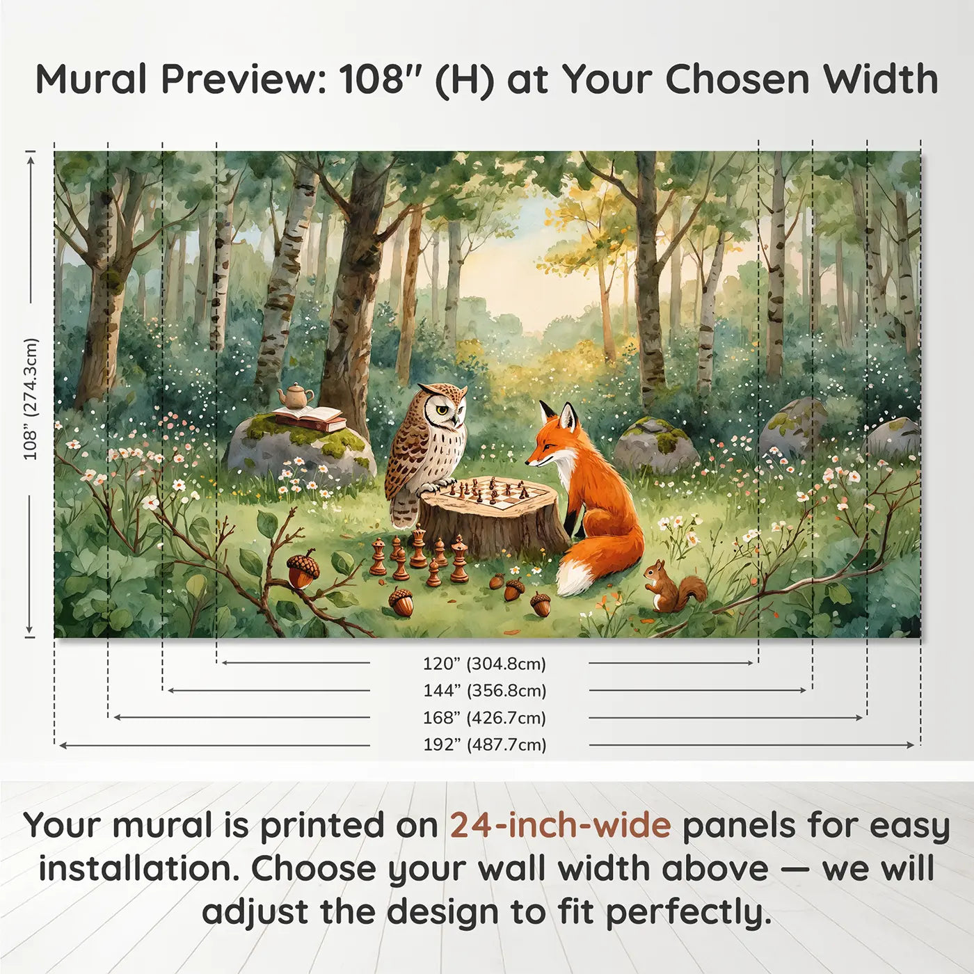Panel layout and dimensions for Forest Stump Chess Game Wallpaper Mural by Whimsy Tots