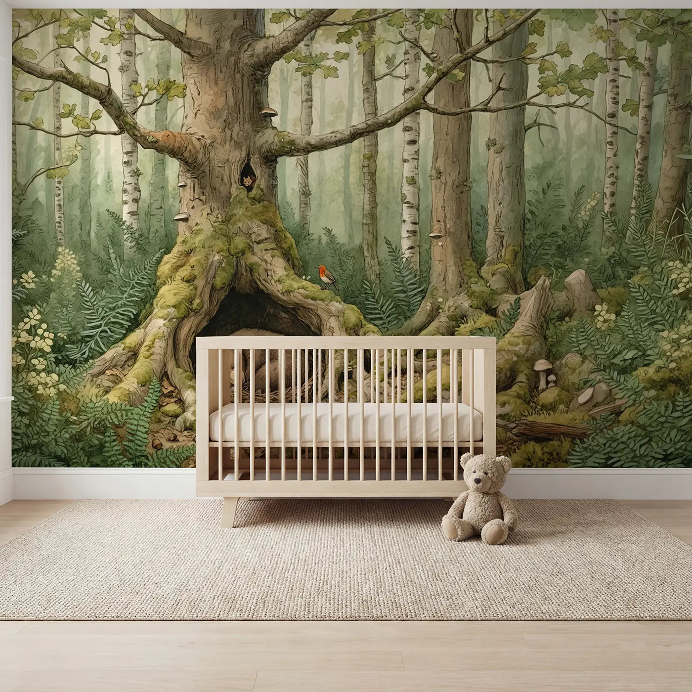 Storybook bear and den forest wallpaper mural for kids room by Whimsy Tots