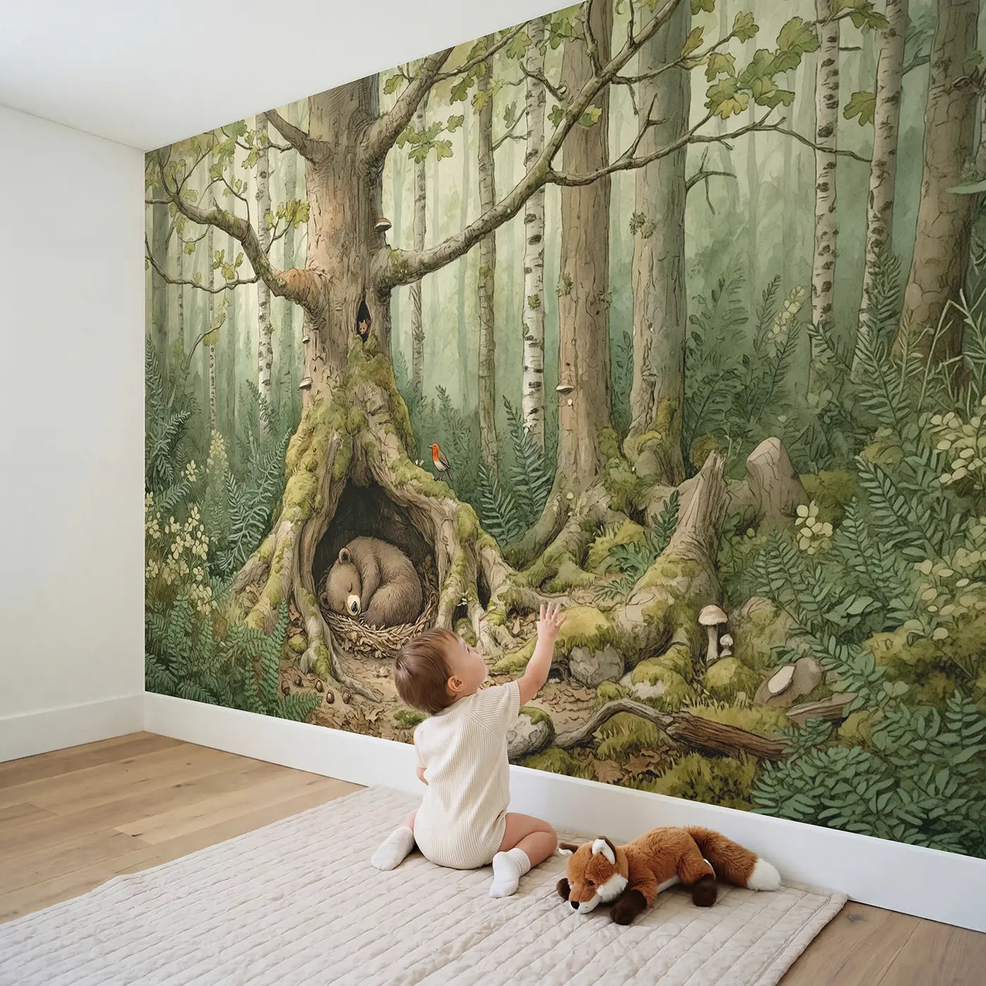 Child in nursery with Sleeping Bear Hollow Wallpaper Mural by Whimsy Tots