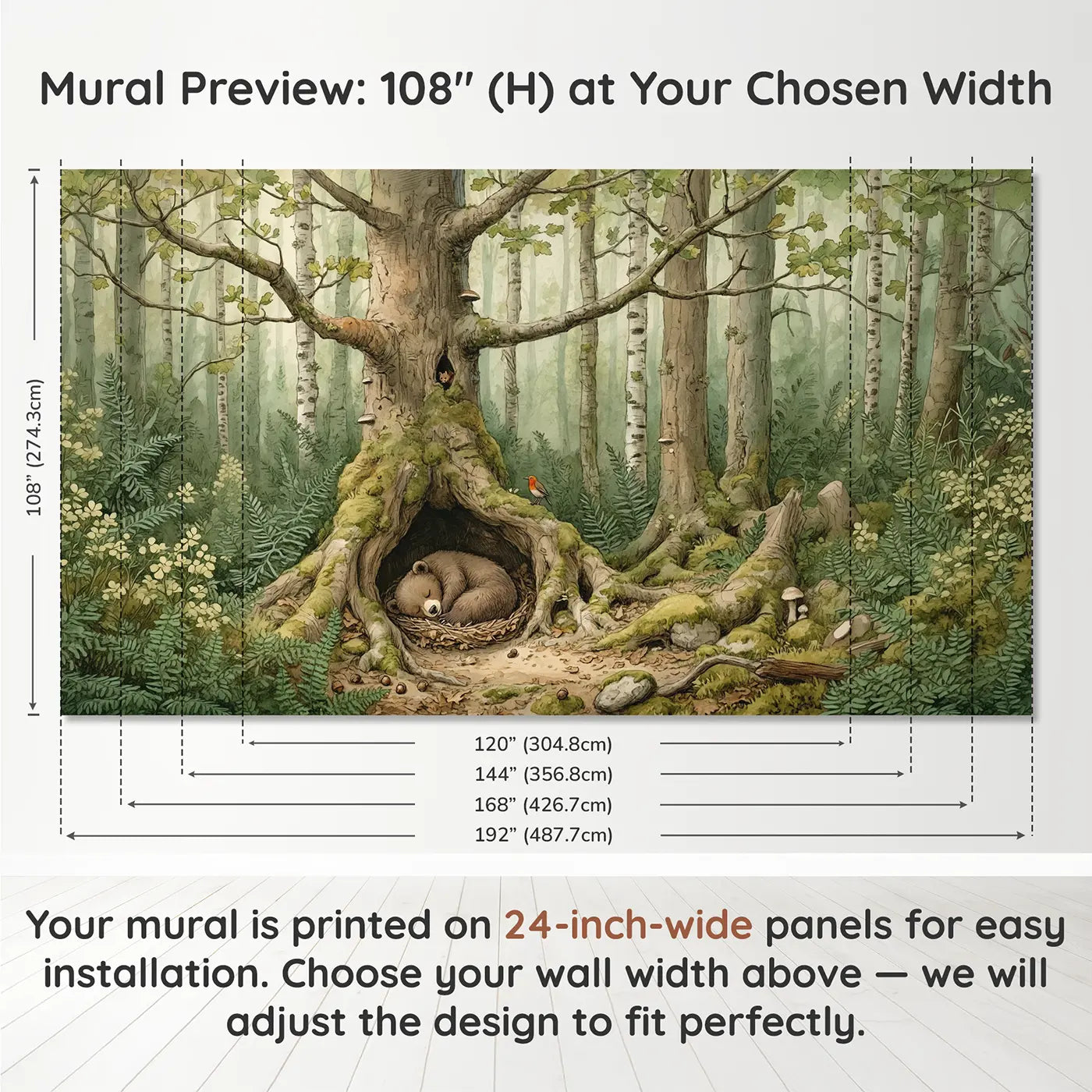Panel layout and dimensions for Sleeping Bear Hollow Wallpaper Mural by Whimsy Tots