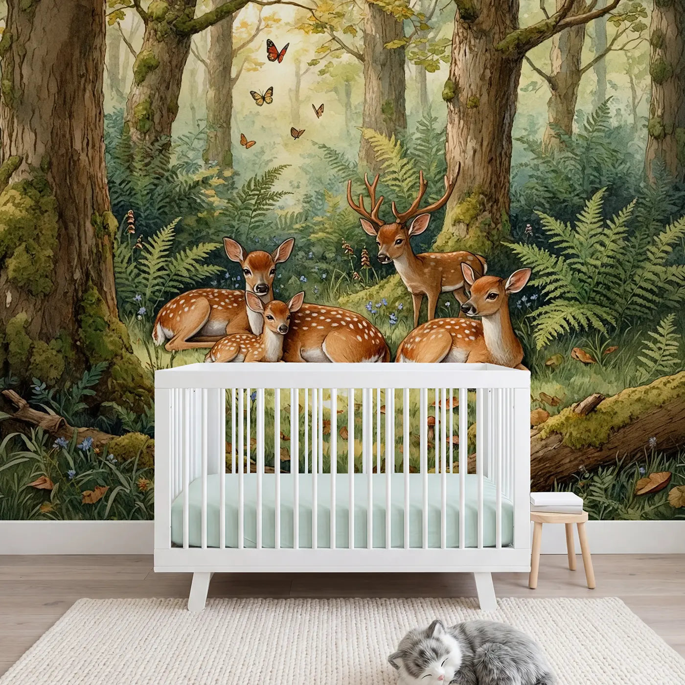 Storybook deer glade fern birch wallpaper mural for girls nursery by Whimsy Tots