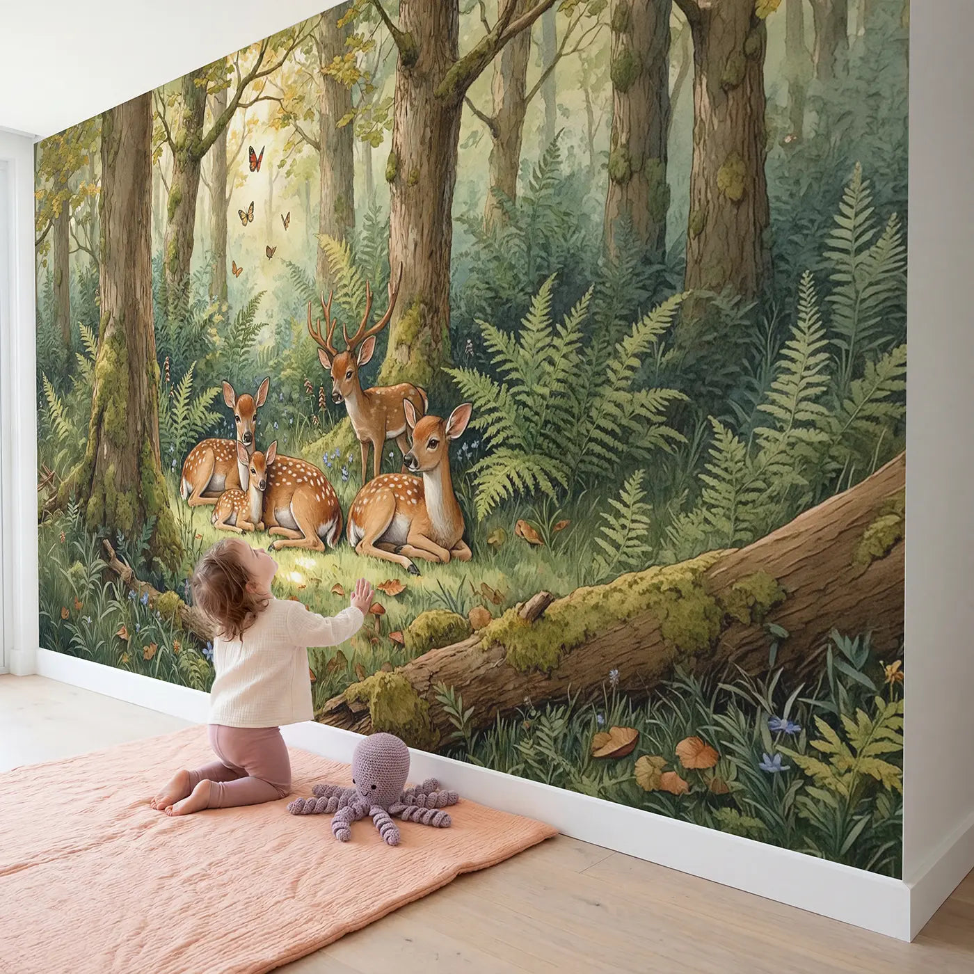 Child in nursery with Deer Glade Resting Wallpaper Mural by Whimsy Tots