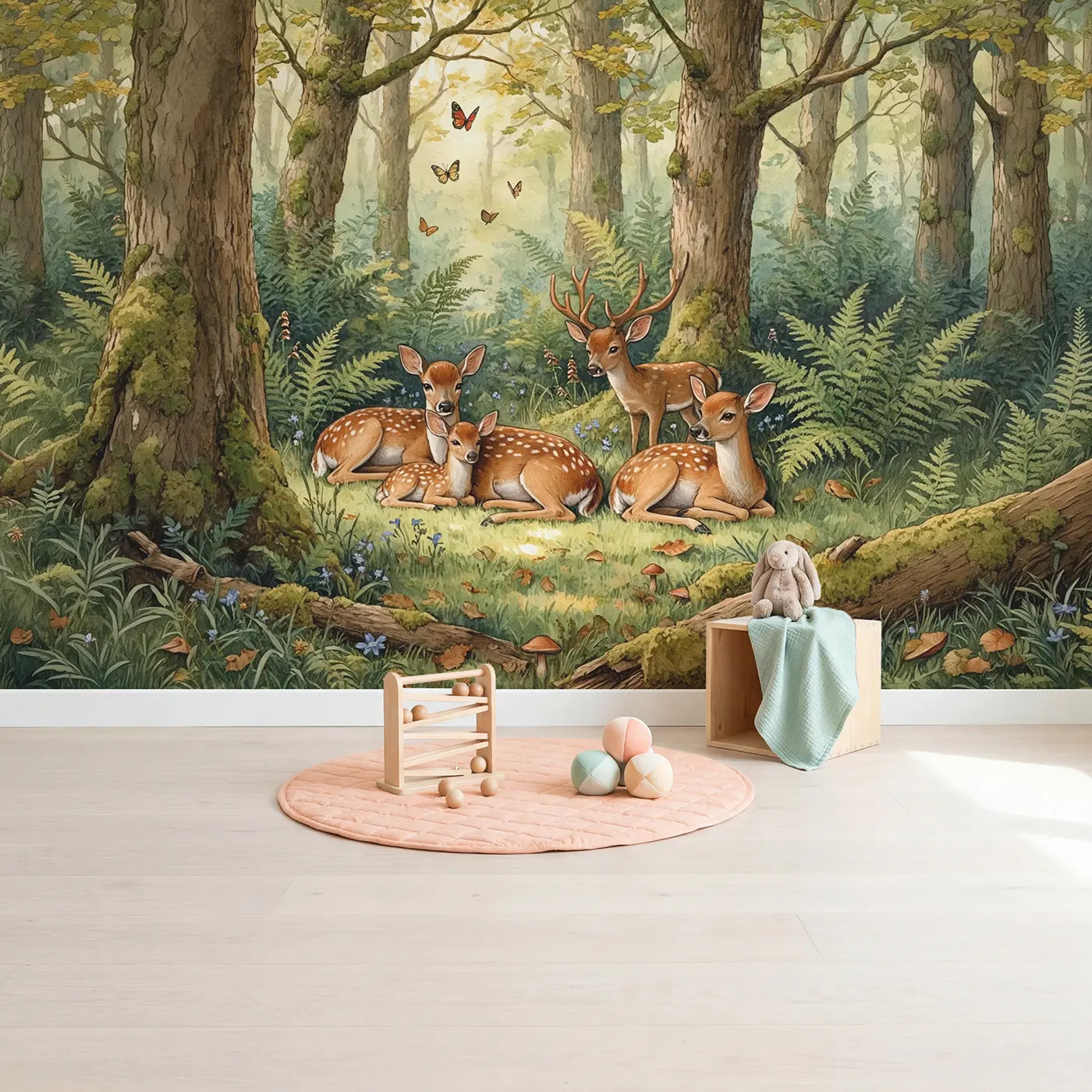 Deer Glade Resting Wallpaper Mural in playroom setting by Whimsy Tots