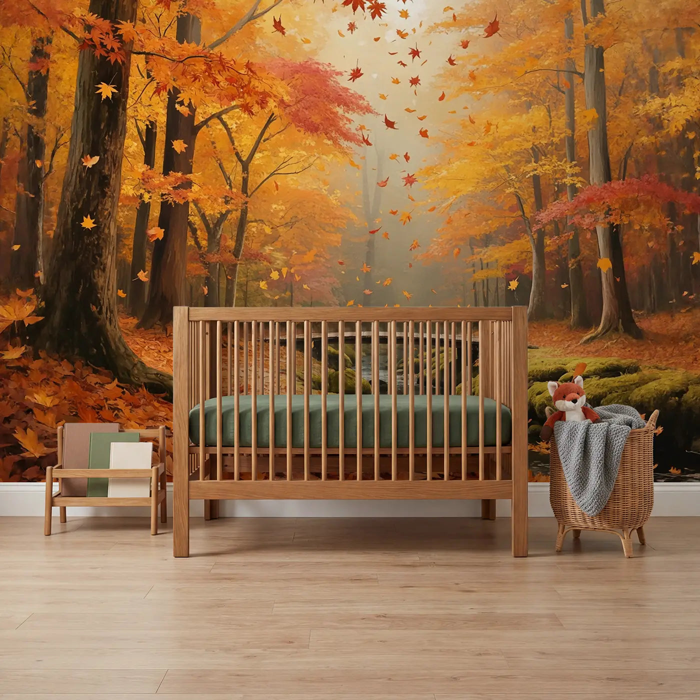 Soft pastel autumn and forest wallpaper mural for kids room by Whimsy Tots
