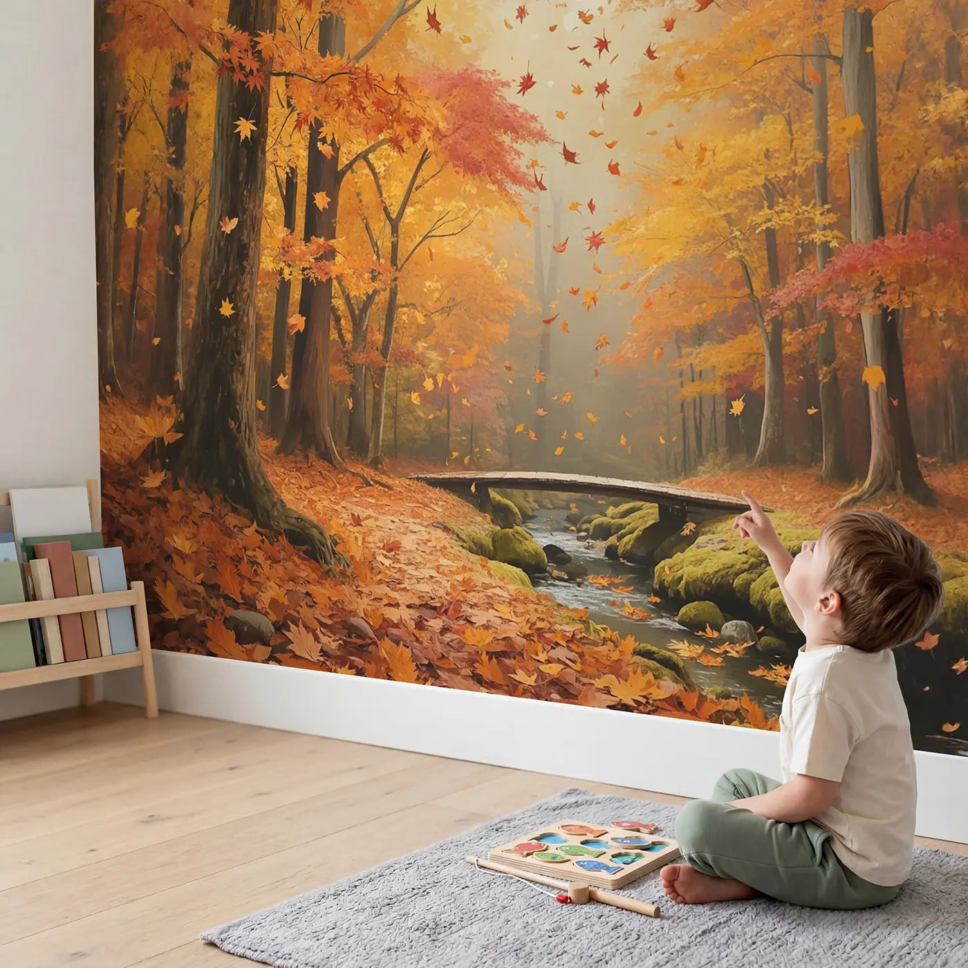 Child in nursery with Autumn Maple Leaf Shower Wallpaper Mural by Whimsy Tots