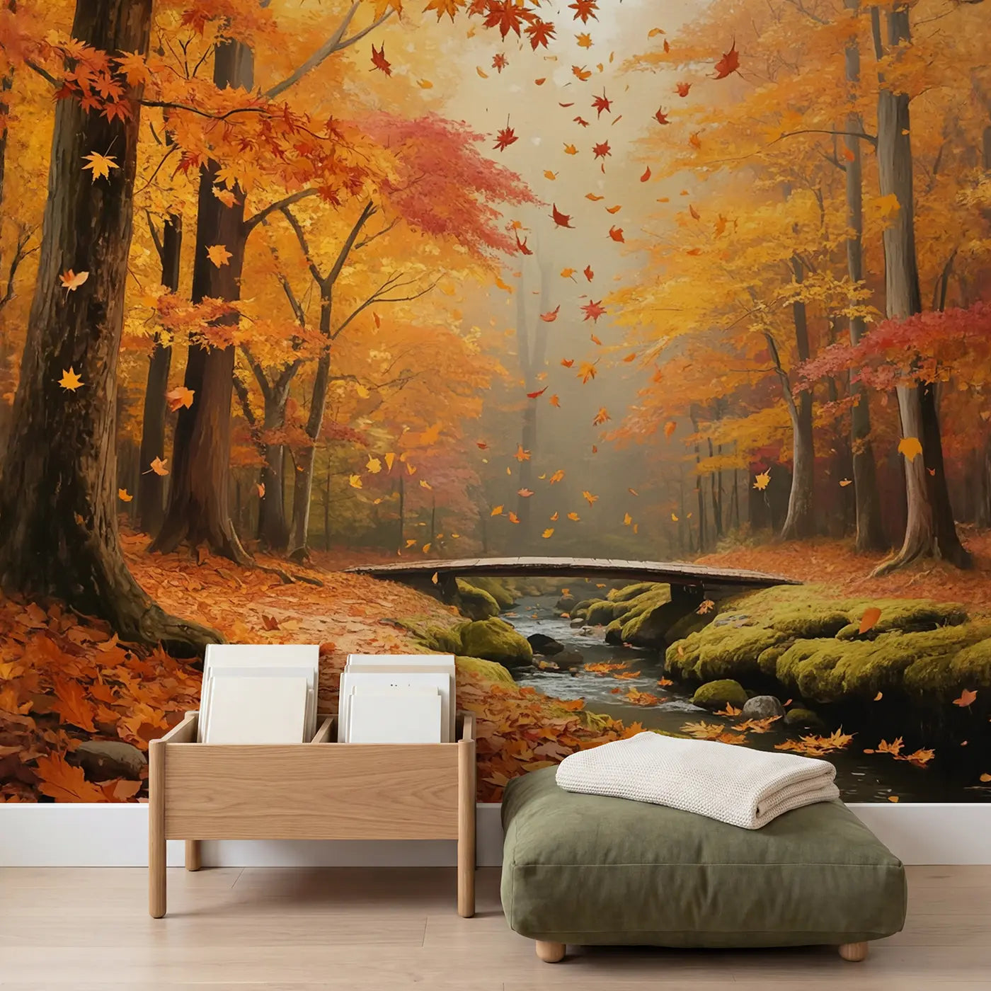 Autumn Maple Leaf Shower Wallpaper Mural in playroom setting by Whimsy Tots