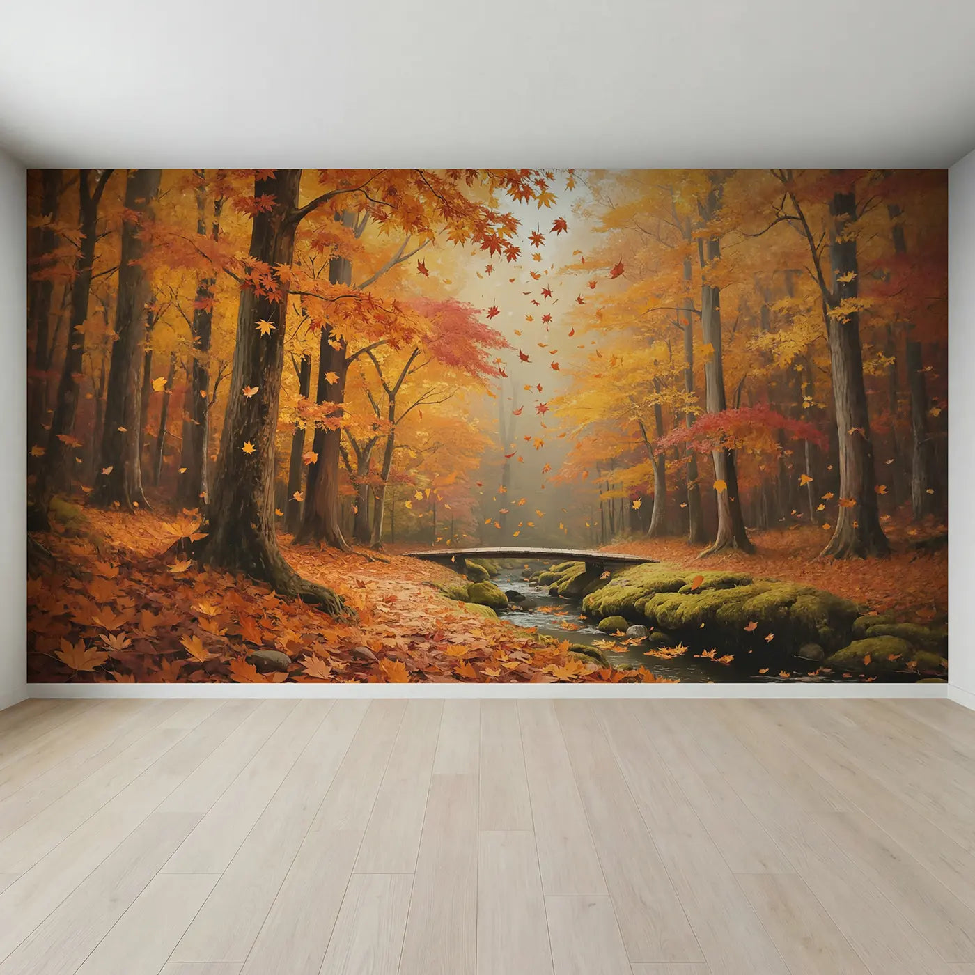 Full view of Autumn Maple Leaf Shower Wallpaper Mural by Whimsy Tots