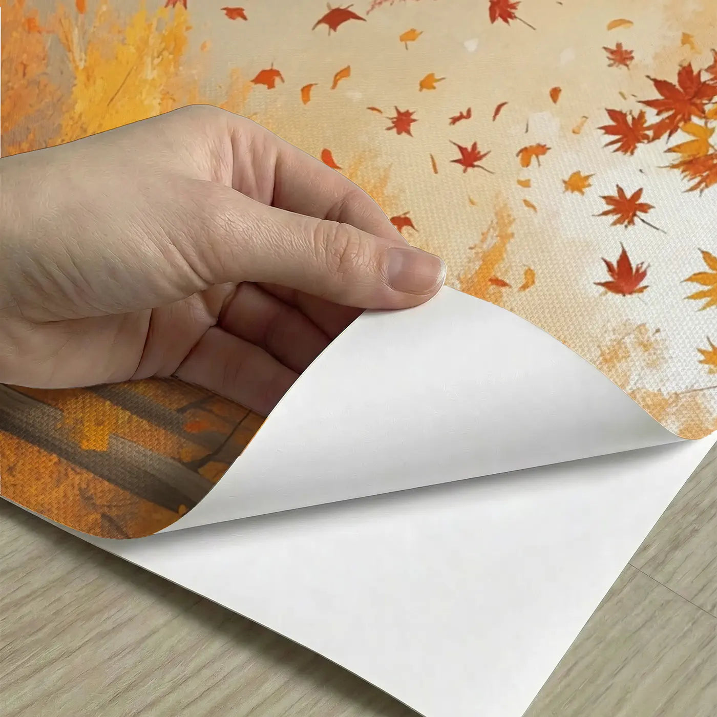 Peel-and-stick detail of Autumn Maple Leaf Shower Wallpaper Mural by Whimsy Tots