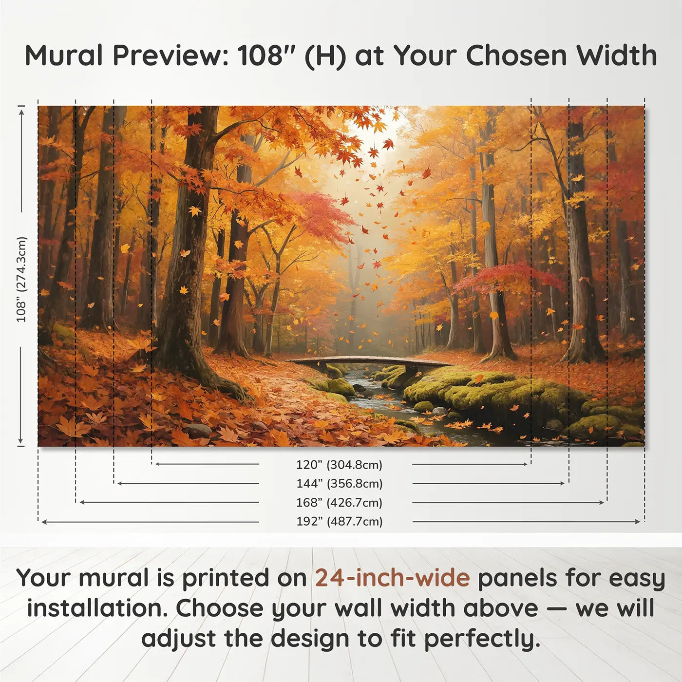 Panel layout and dimensions for Autumn Maple Leaf Shower Wallpaper Mural by Whimsy Tots