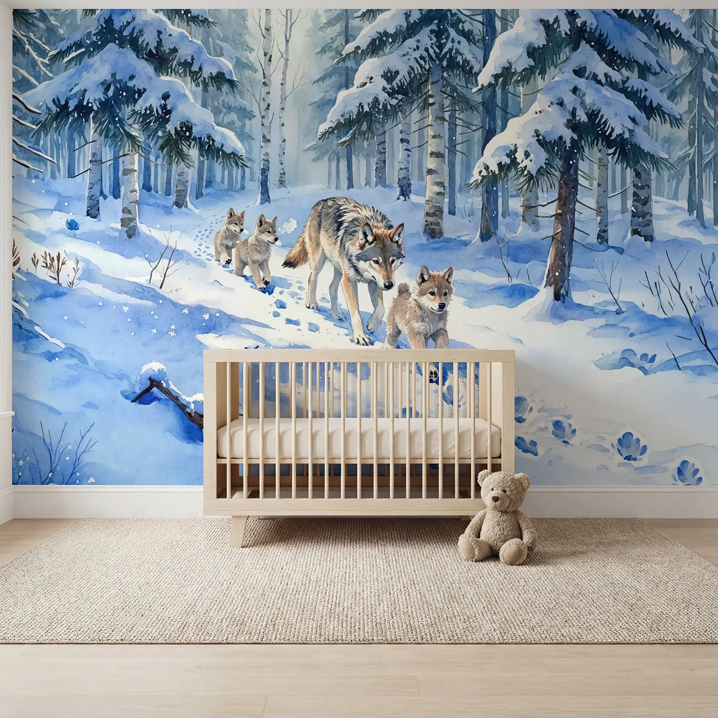 watercolor wolf pups snowy forest mural for nursery by Whimsy Tots