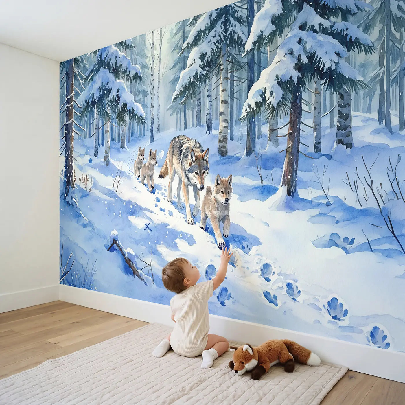 Child in nursery with Wolf Pups Snow Tracking Lesson Wallpaper Mural by Whimsy Tots