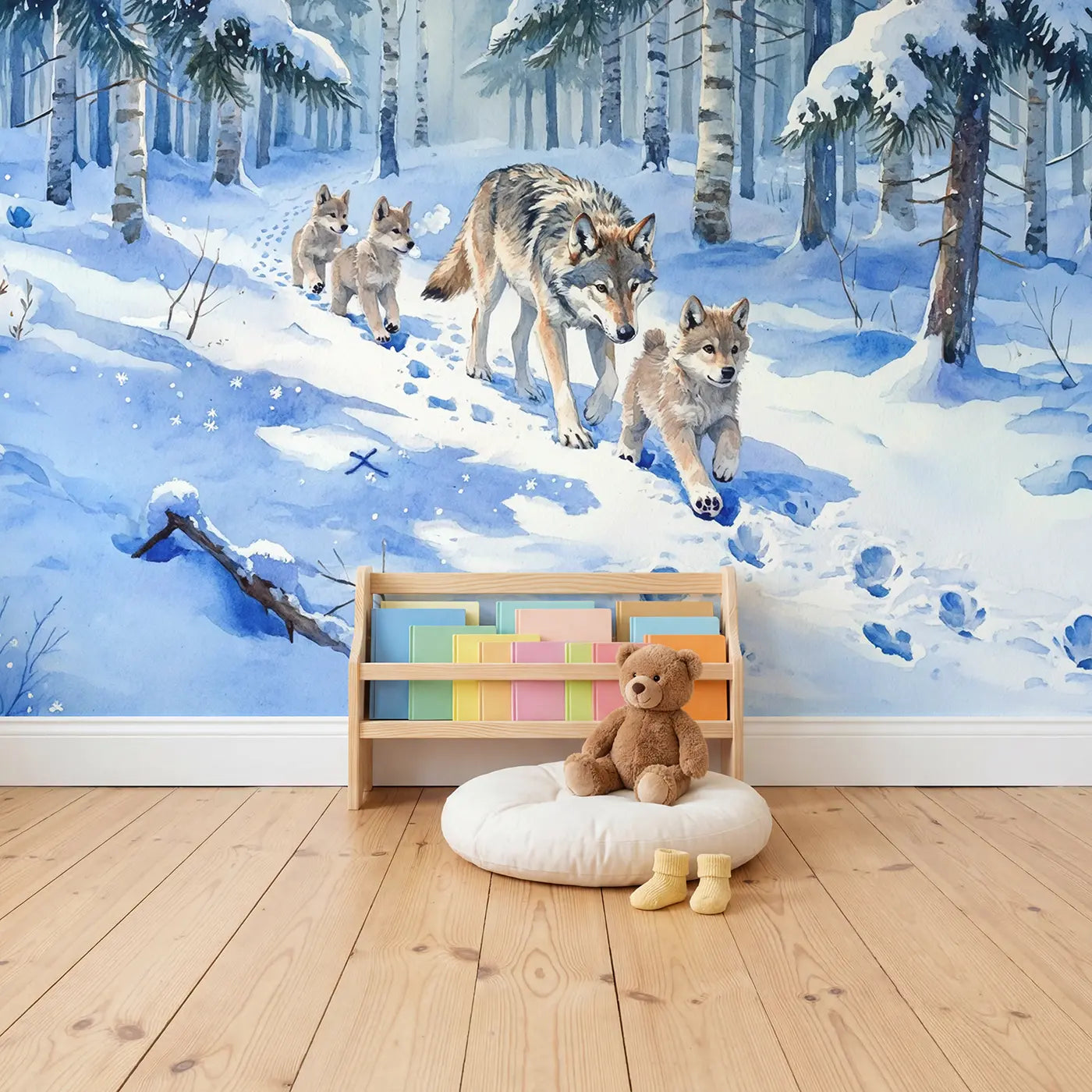 Wolf Pups Snow Tracking Lesson Wallpaper Mural in playroom setting by Whimsy Tots