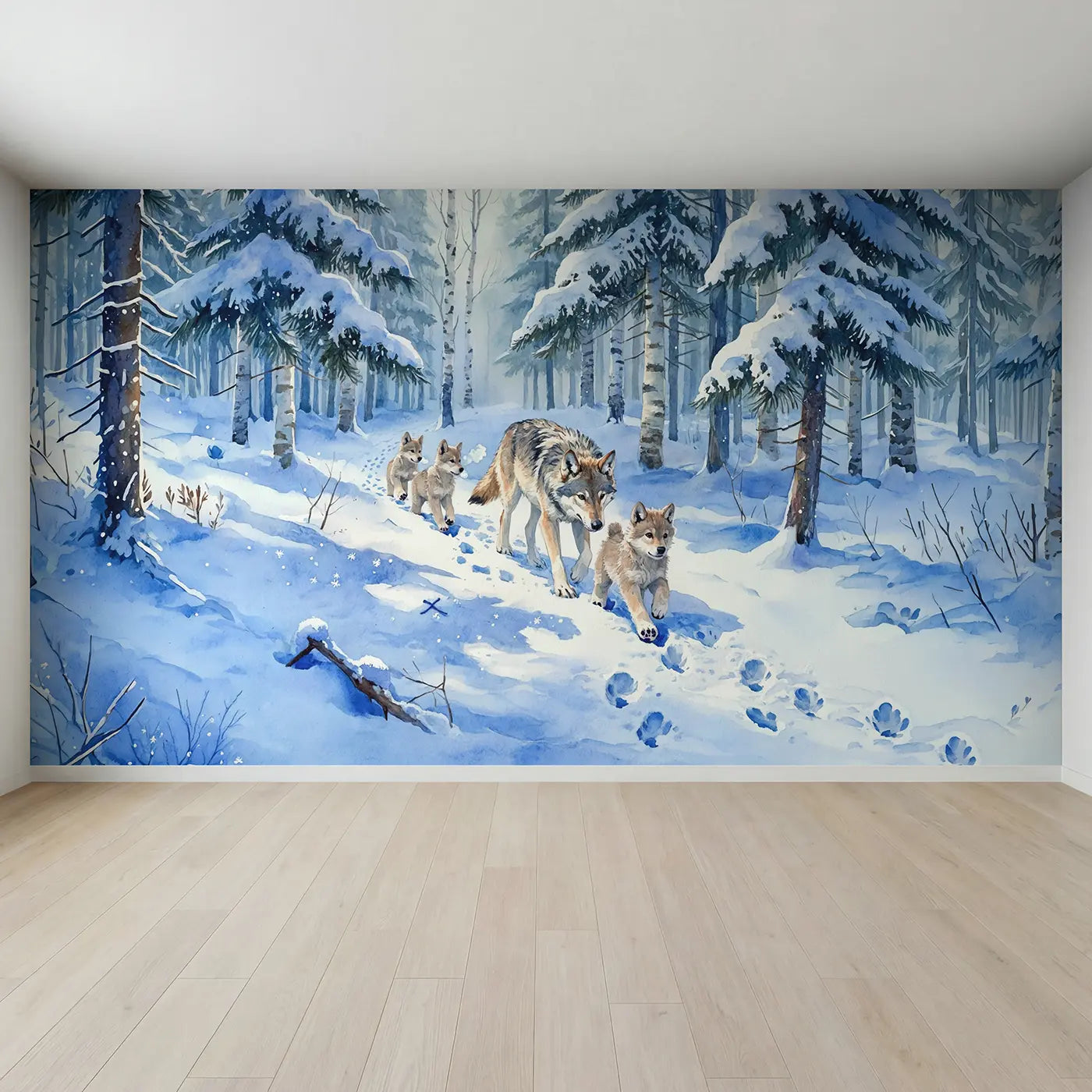 Full view of Wolf Pups Snow Tracking Lesson Wallpaper Mural by Whimsy Tots