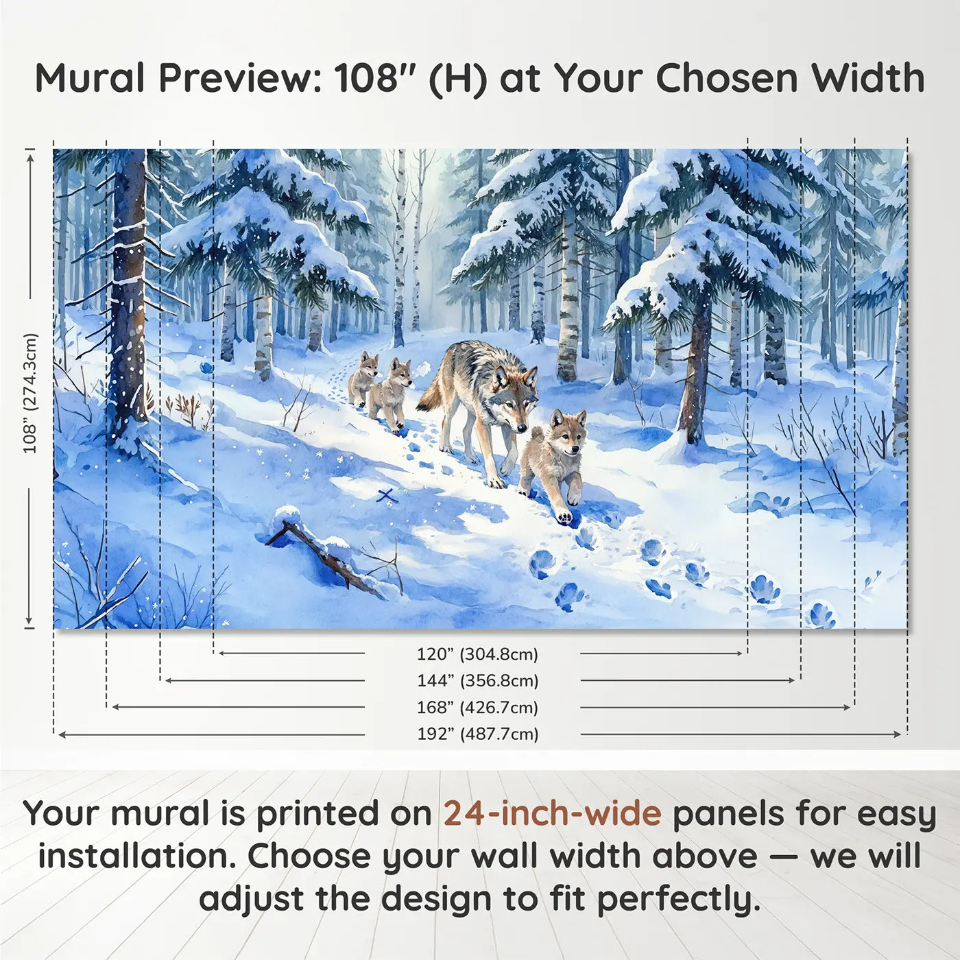 Panel layout and dimensions for Wolf Pups Snow Tracking Lesson Wallpaper Mural by Whimsy Tots