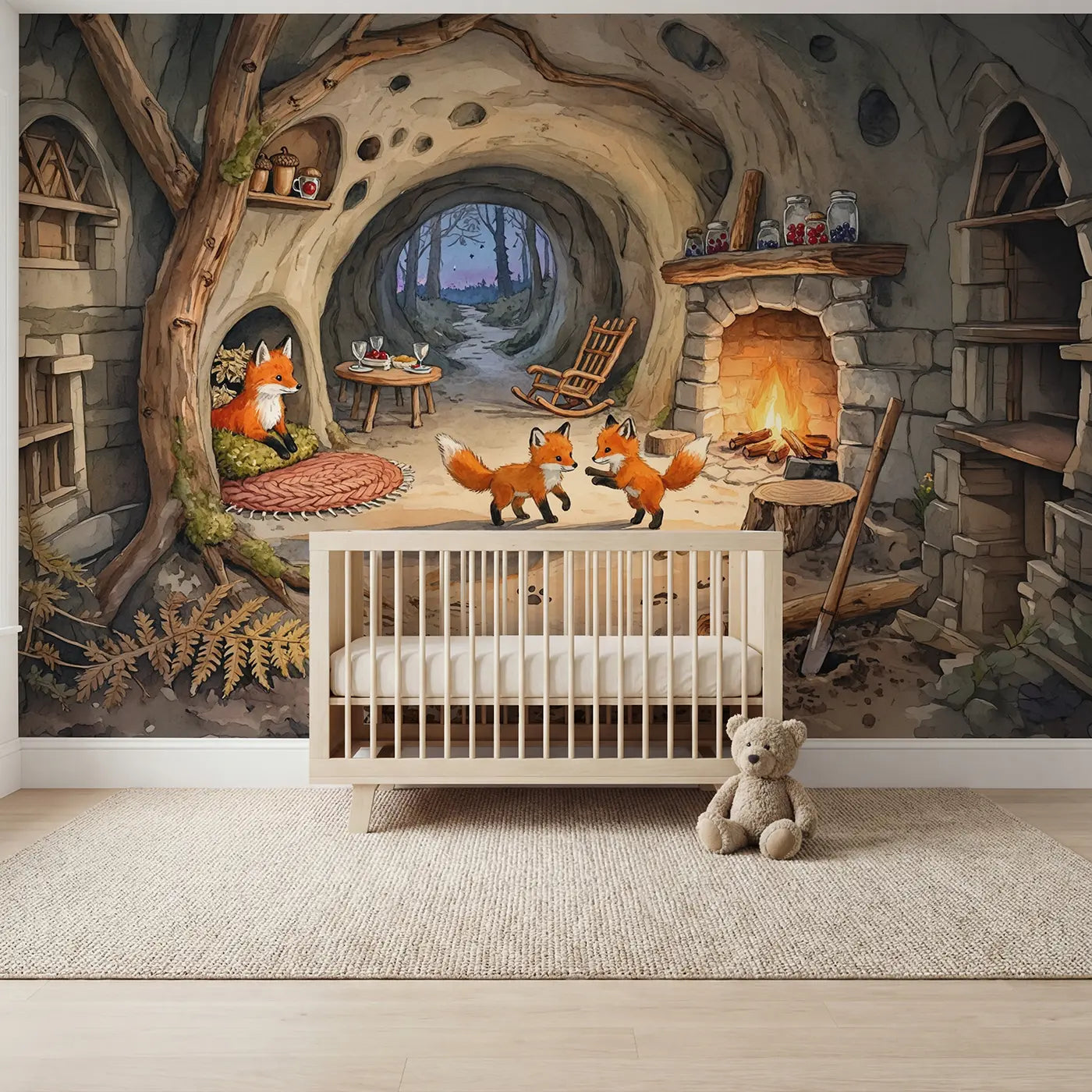 watercolor fox cubs den fireside underground wallpaper mural for kids room by Whimsy Tots