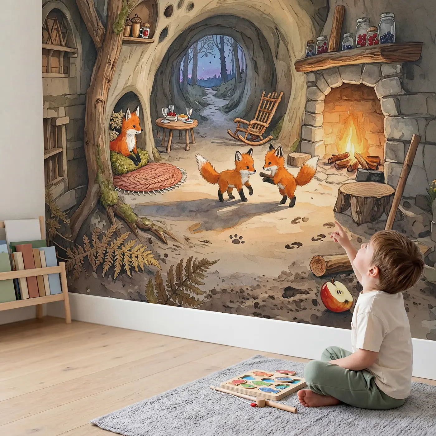 Child in nursery with Fox Den Fireside Wallpaper Mural by Whimsy Tots