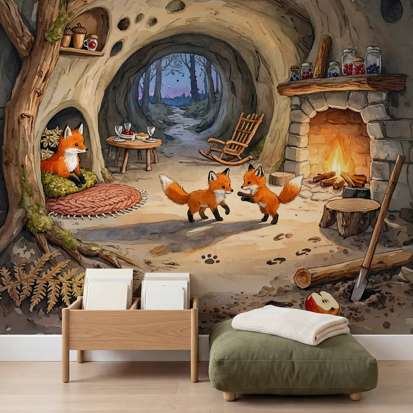 Fox Den Fireside Wallpaper Mural in playroom setting by Whimsy Tots