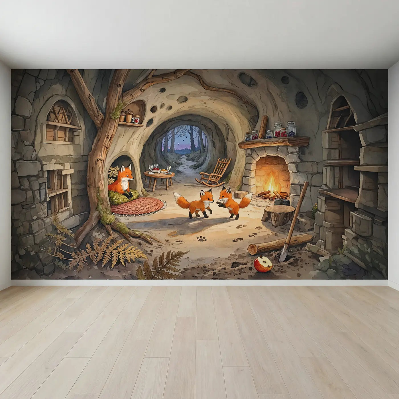 Full view of Fox Den Fireside Wallpaper Mural by Whimsy Tots
