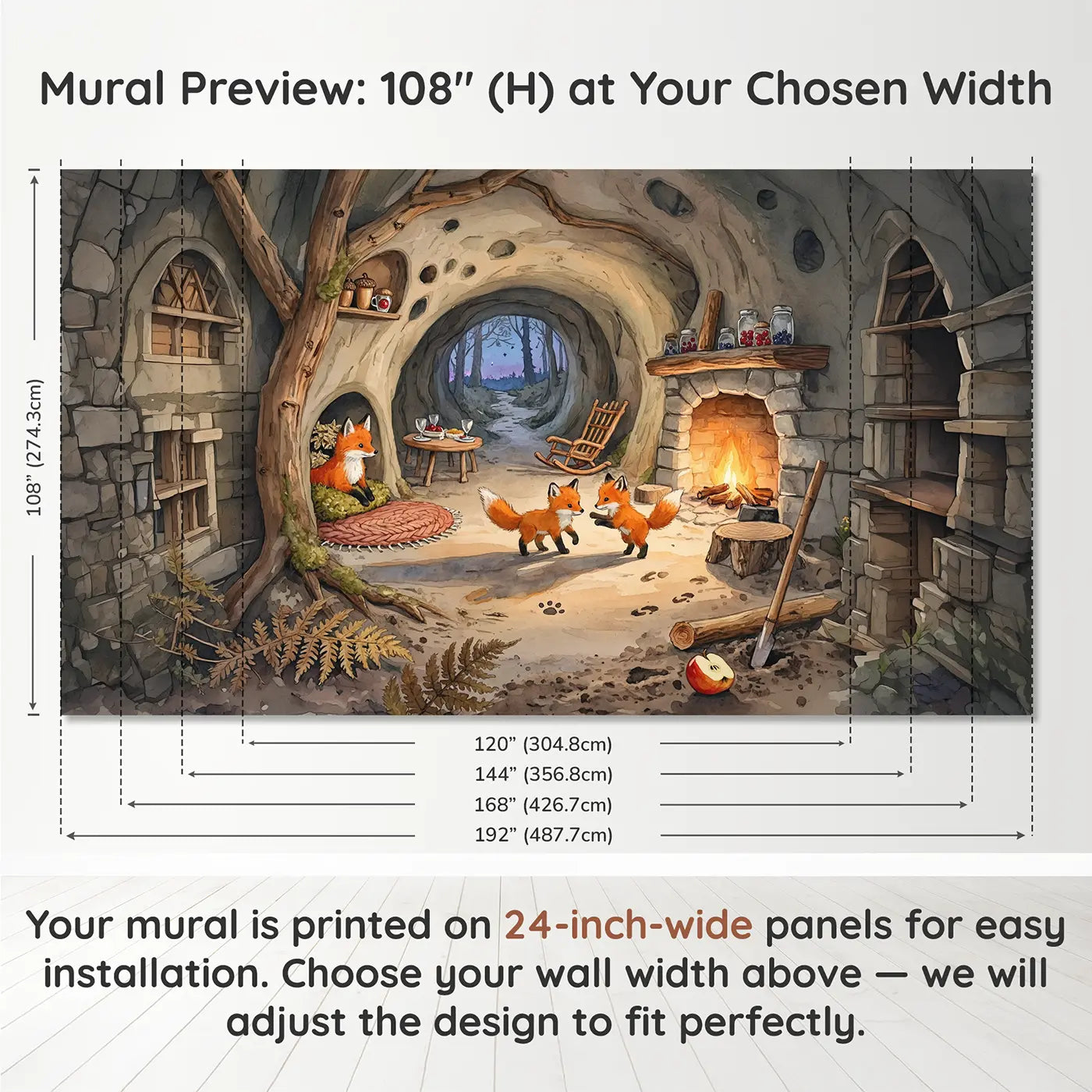 Panel layout and dimensions for Fox Den Fireside Wallpaper Mural by Whimsy Tots