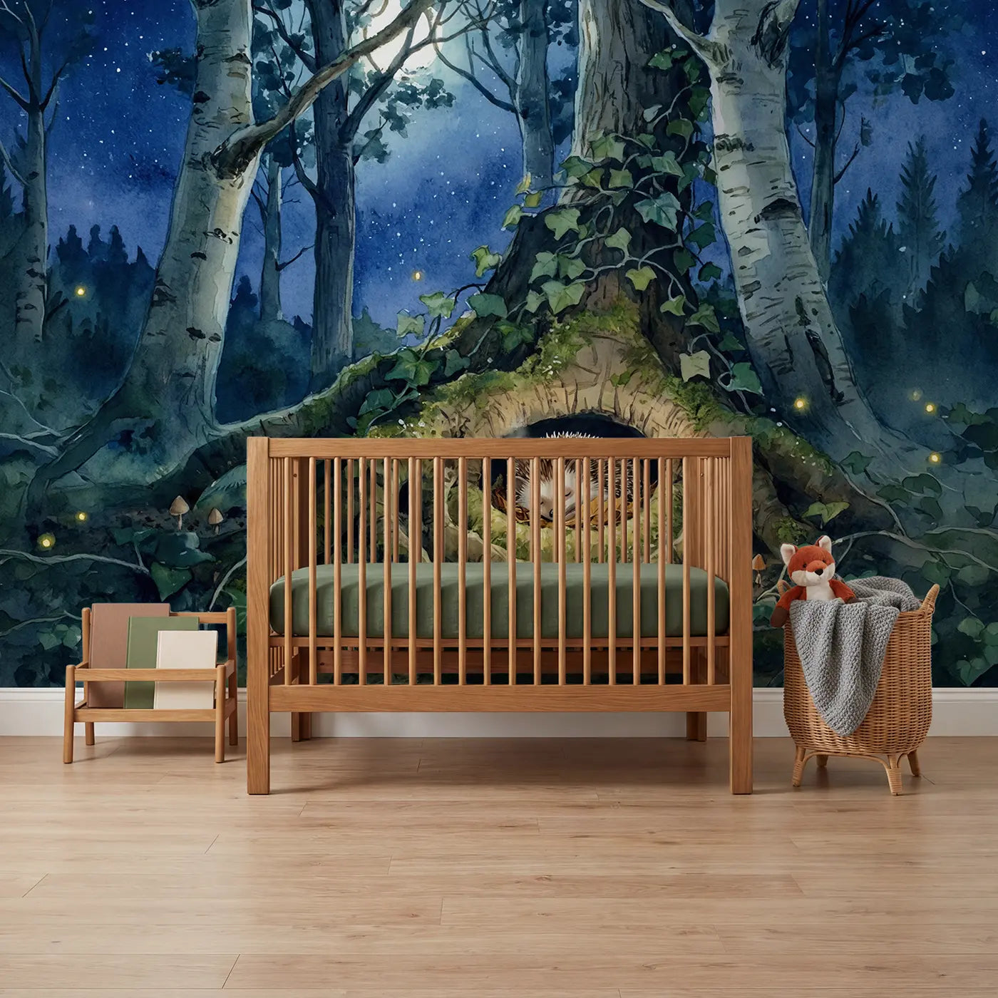 Watercolor sleeping hedgehog in root hollow wallpaper mural for nursery by Whimsy Tots