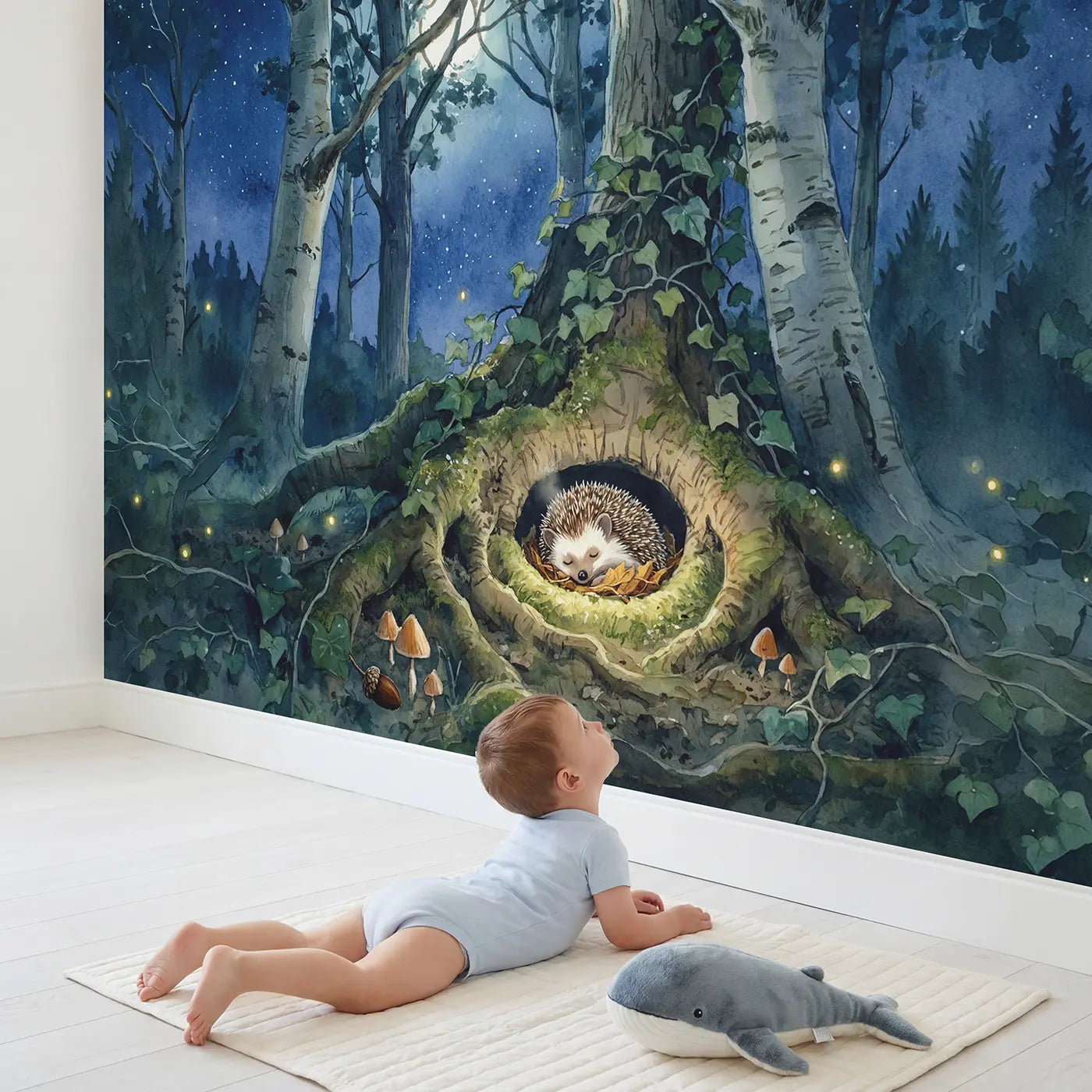 Child in nursery with Sleeping Hedgehog Root Hollow Wallpaper Mural by Whimsy Tots