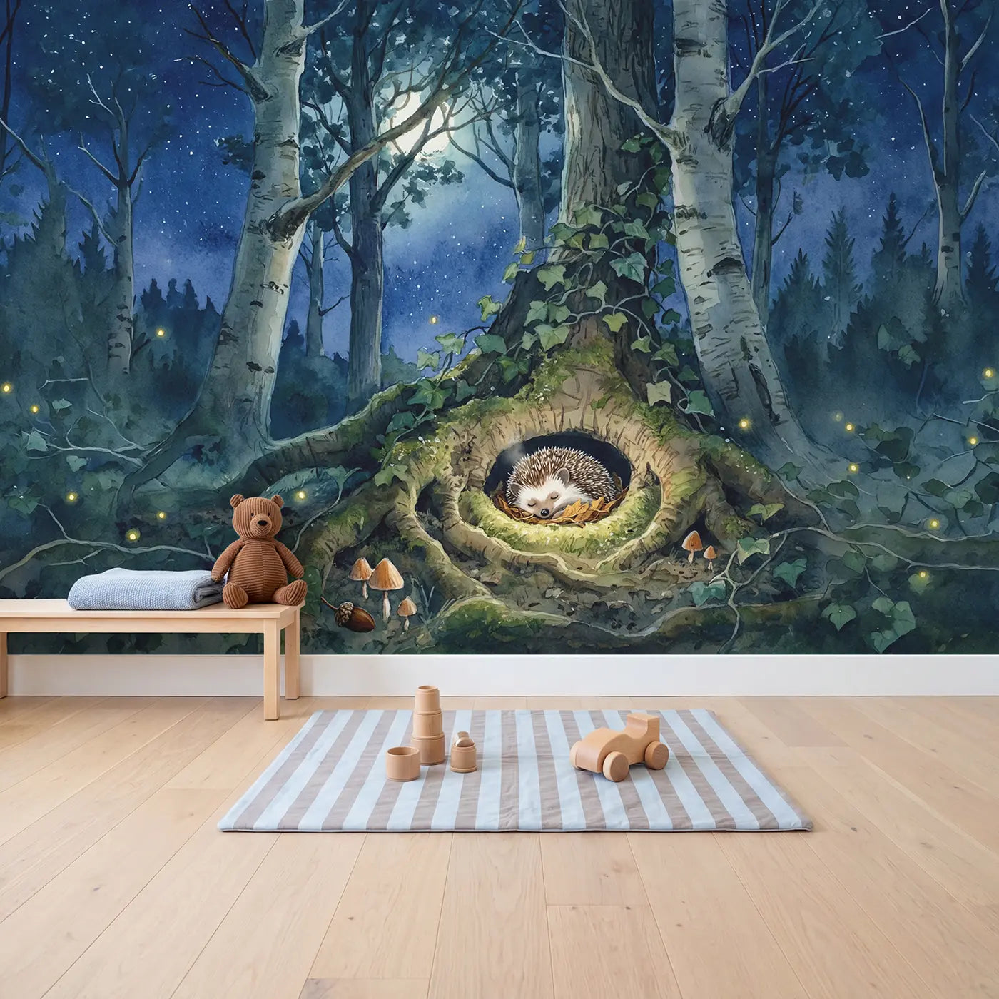 Sleeping Hedgehog Root Hollow Wallpaper Mural in playroom setting by Whimsy Tots