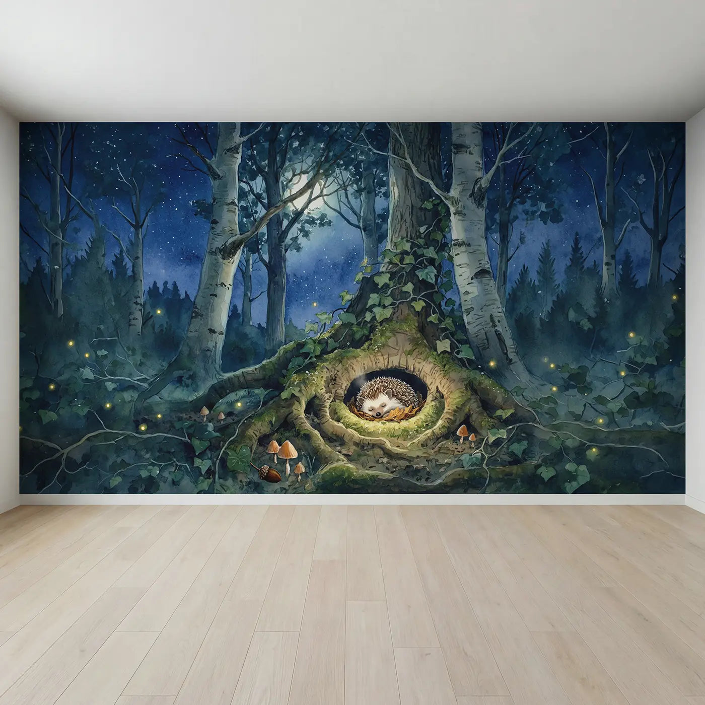 Full view of Sleeping Hedgehog Root Hollow Wallpaper Mural by Whimsy Tots