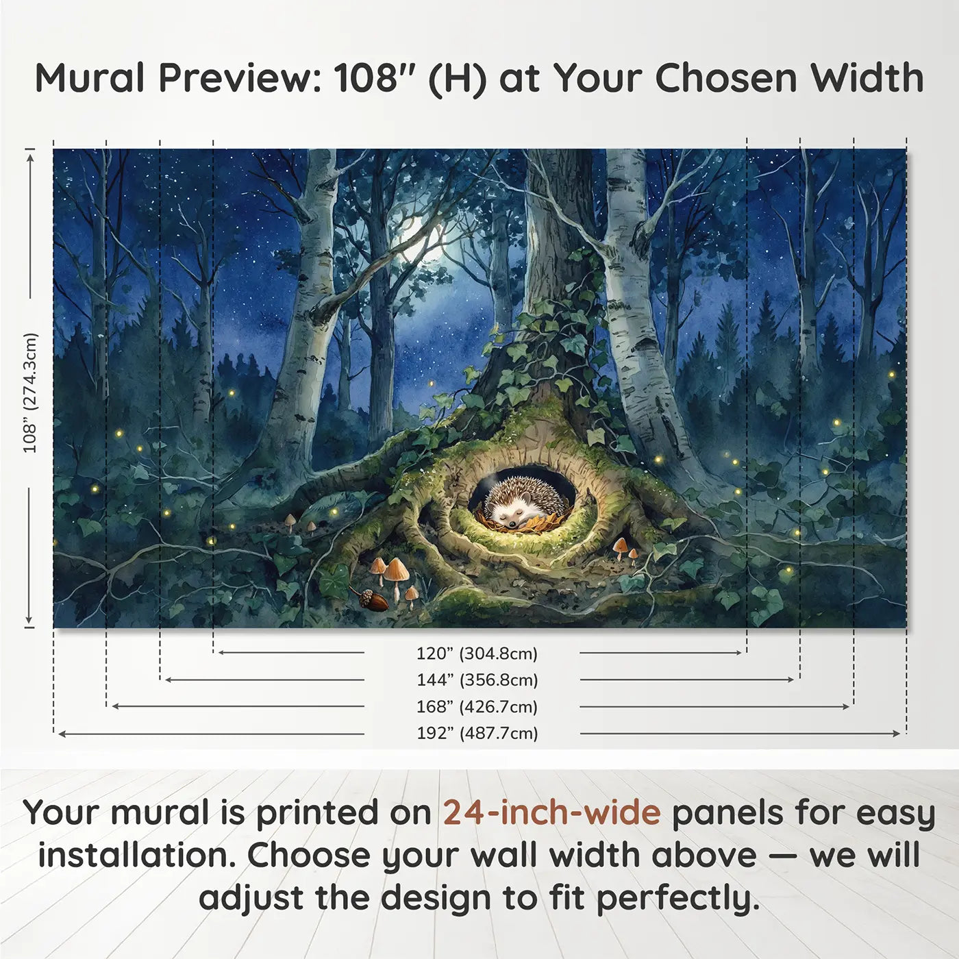 Panel layout and dimensions for Sleeping Hedgehog Root Hollow Wallpaper Mural by Whimsy Tots