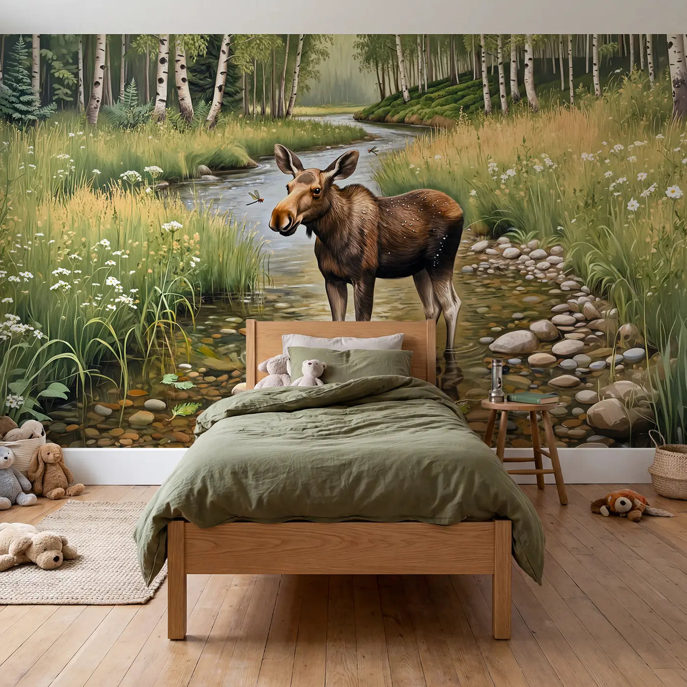 Painted Landscape summer stream moose calf wallpaper mural for kids room by Whimsy Tots