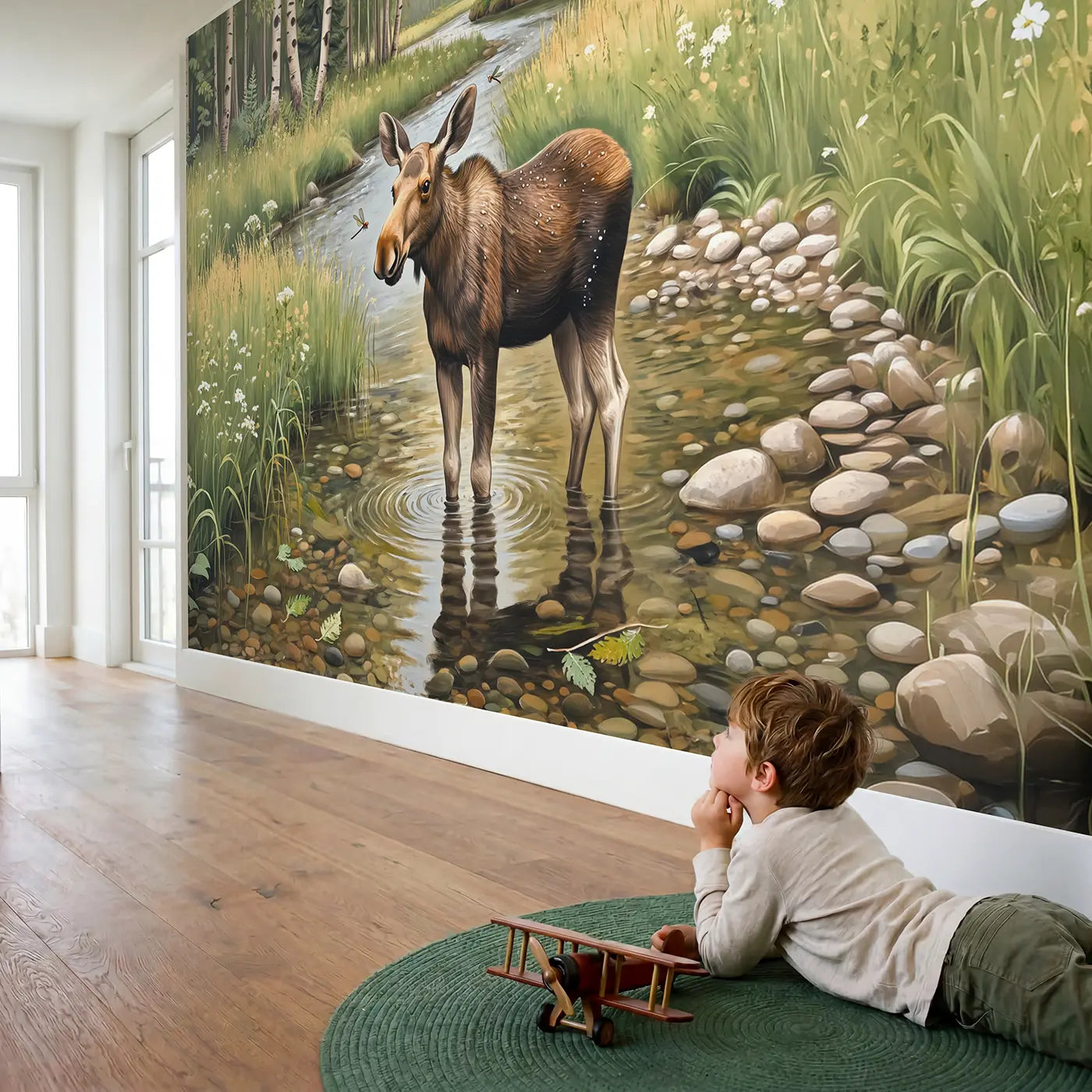 Child in nursery with Summer Stream Moose Calf Wallpaper Mural by Whimsy Tots