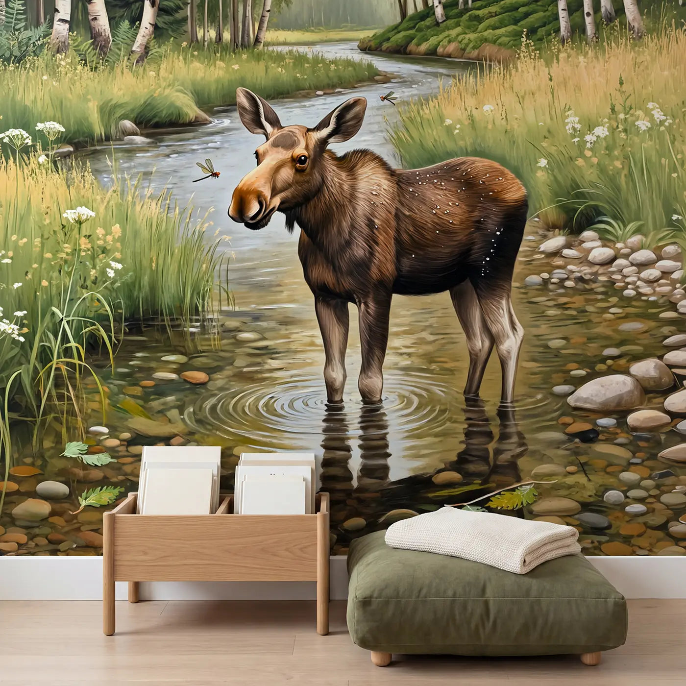 Summer Stream Moose Calf Wallpaper Mural in playroom setting by Whimsy Tots
