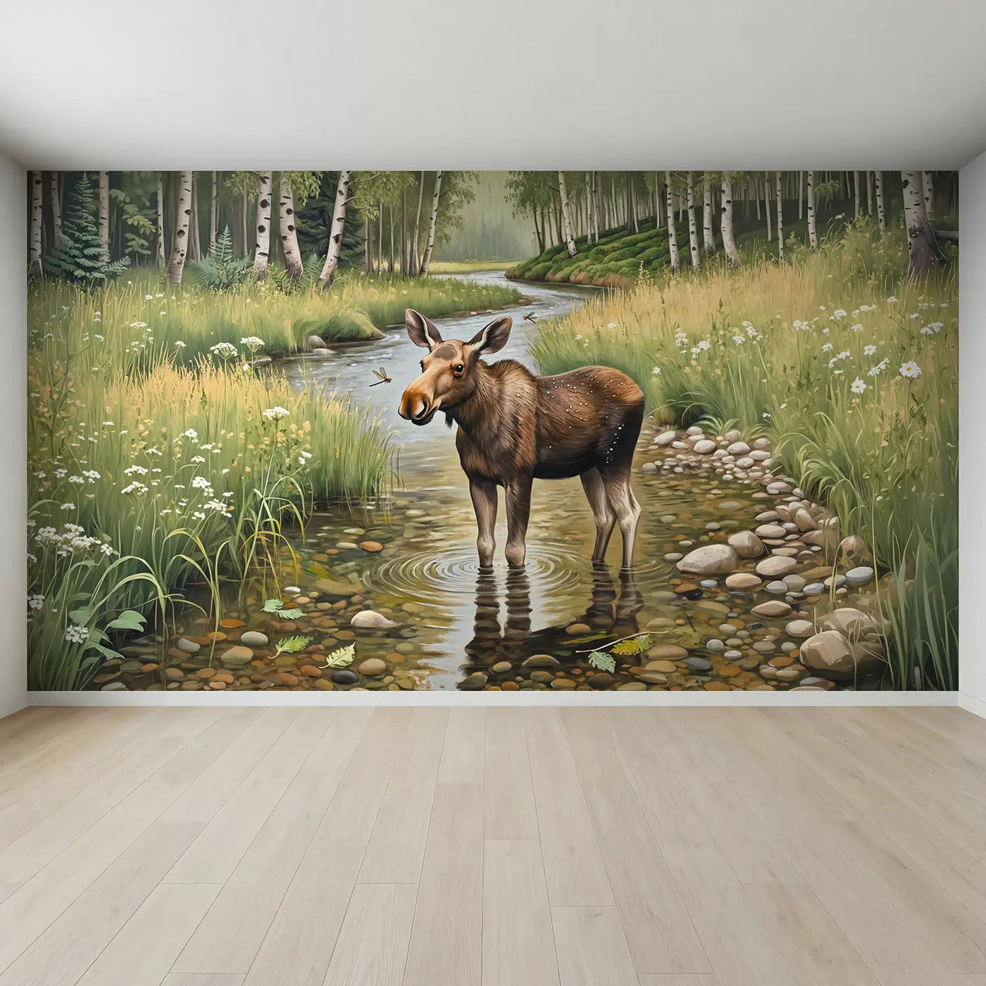 Full view of Summer Stream Moose Calf Wallpaper Mural by Whimsy Tots