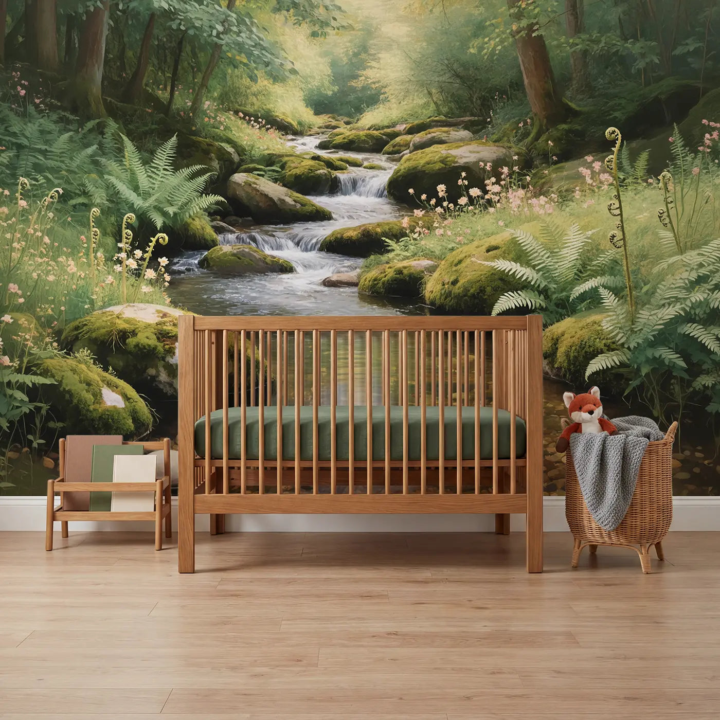 Soft Pastel mossy forest stream fern wallpaper mural for kids room by Whimsy Tots