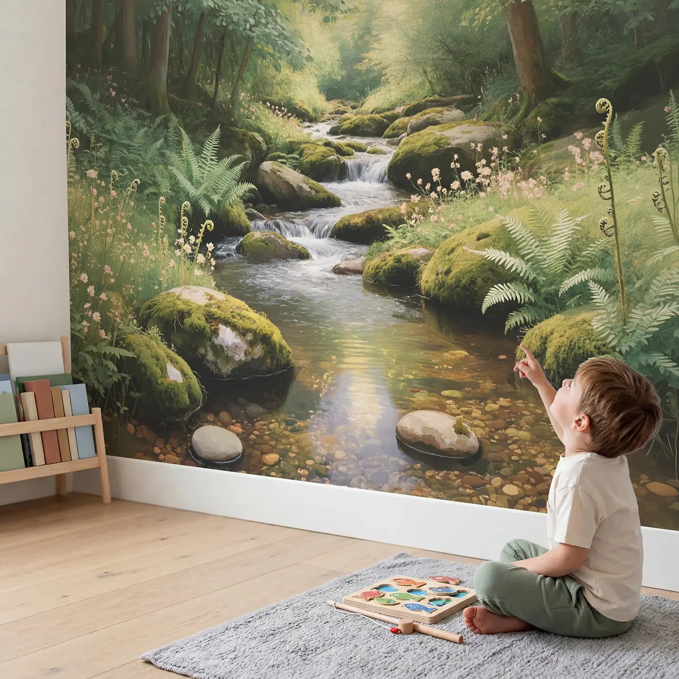 Child in nursery with Mossy Forest Stream Fern Wallpaper Mural by Whimsy Tots