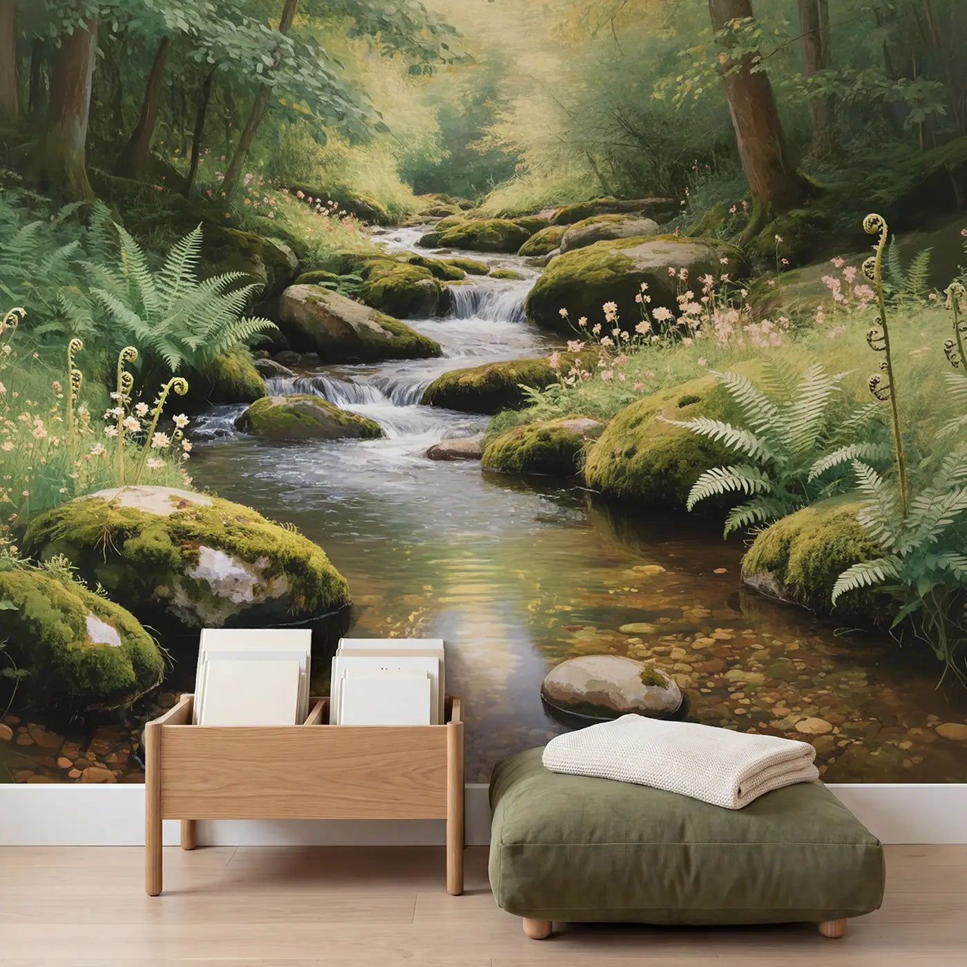 Mossy Forest Stream Fern Wallpaper Mural in playroom setting by Whimsy Tots