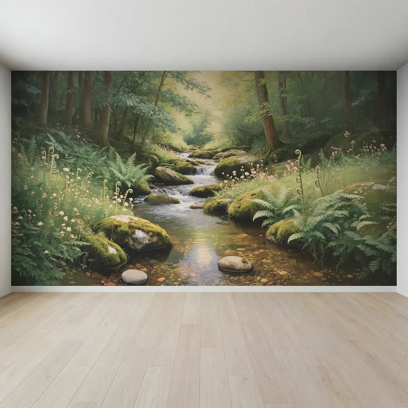 Full view of Mossy Forest Stream Fern Wallpaper Mural by Whimsy Tots