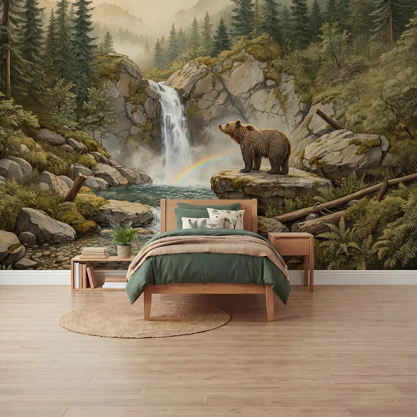 Storybook bear beside waterfall mountain forest wallpaper mural for boys room by Whimsy Tots