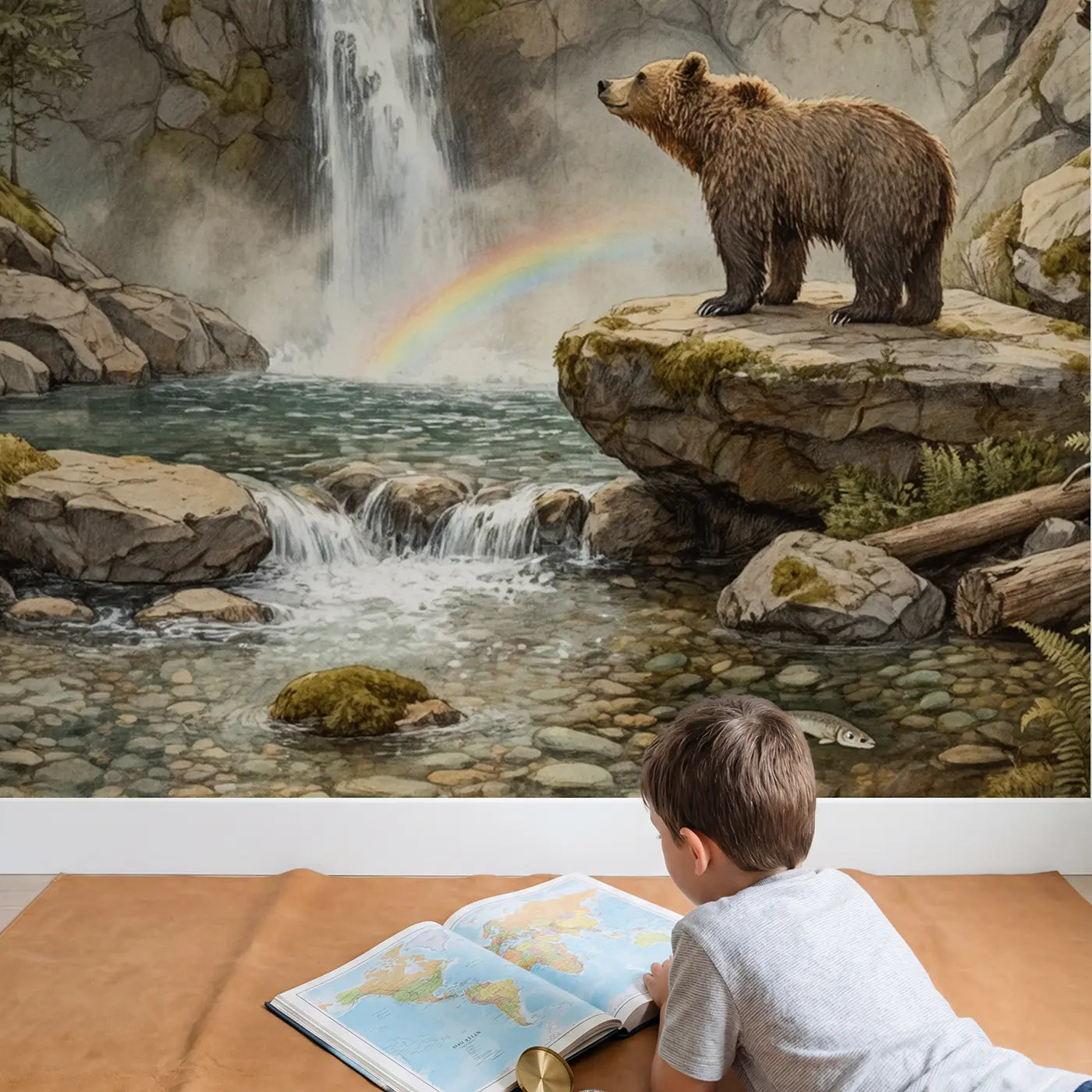 Child in nursery with Bear at Mountain Waterfall Wallpaper Mural by Whimsy Tots