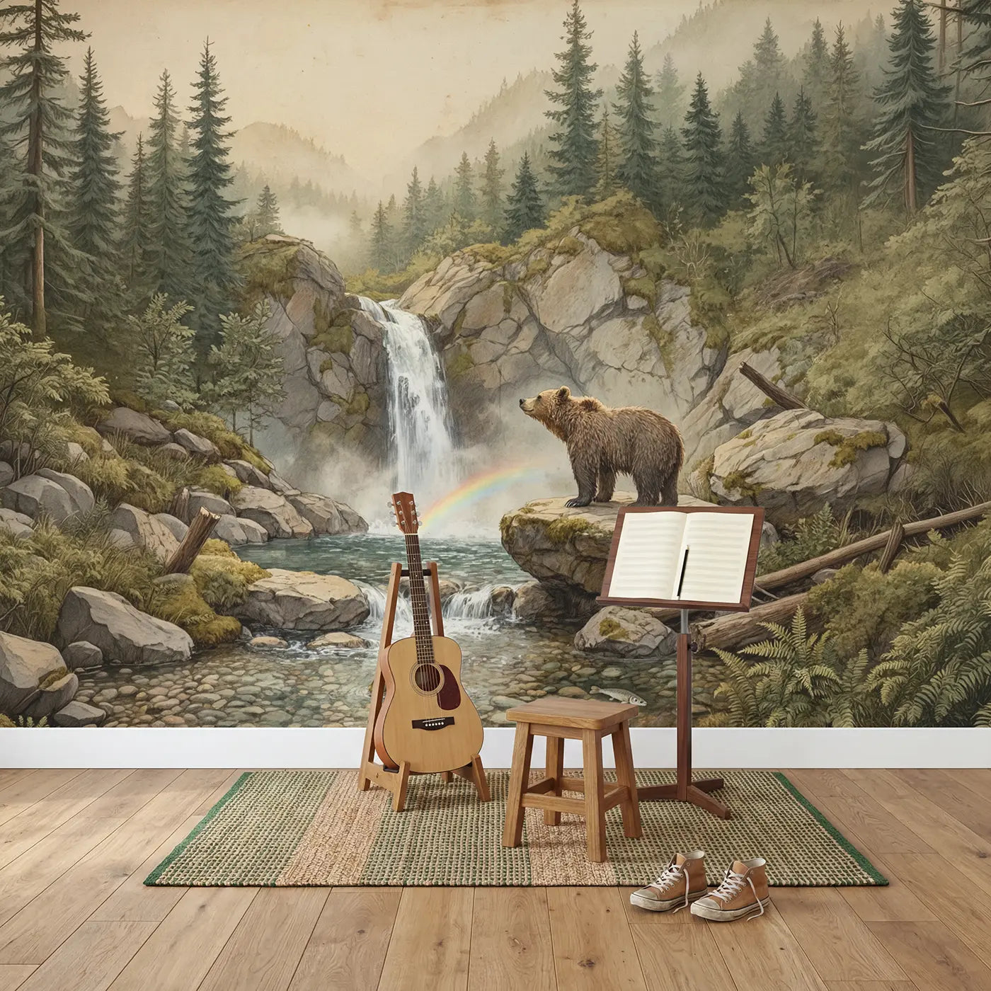 Bear at Mountain Waterfall Wallpaper Mural in playroom setting by Whimsy Tots
