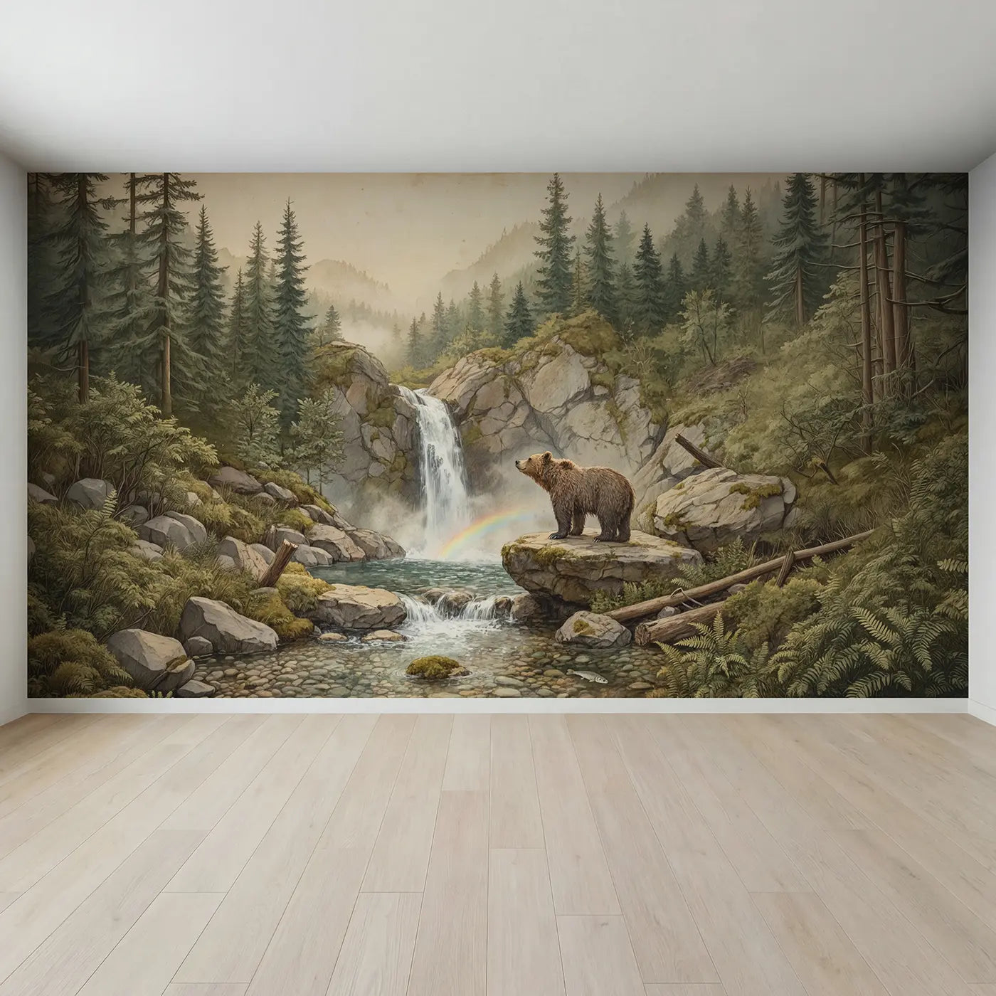 Full view of Bear at Mountain Waterfall Wallpaper Mural by Whimsy Tots