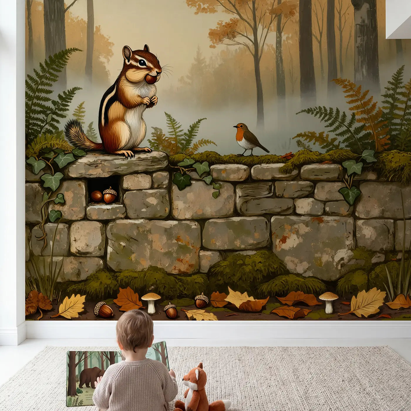 Child in nursery with Chipmunk Acorn Wall Wallpaper Mural by Whimsy Tots