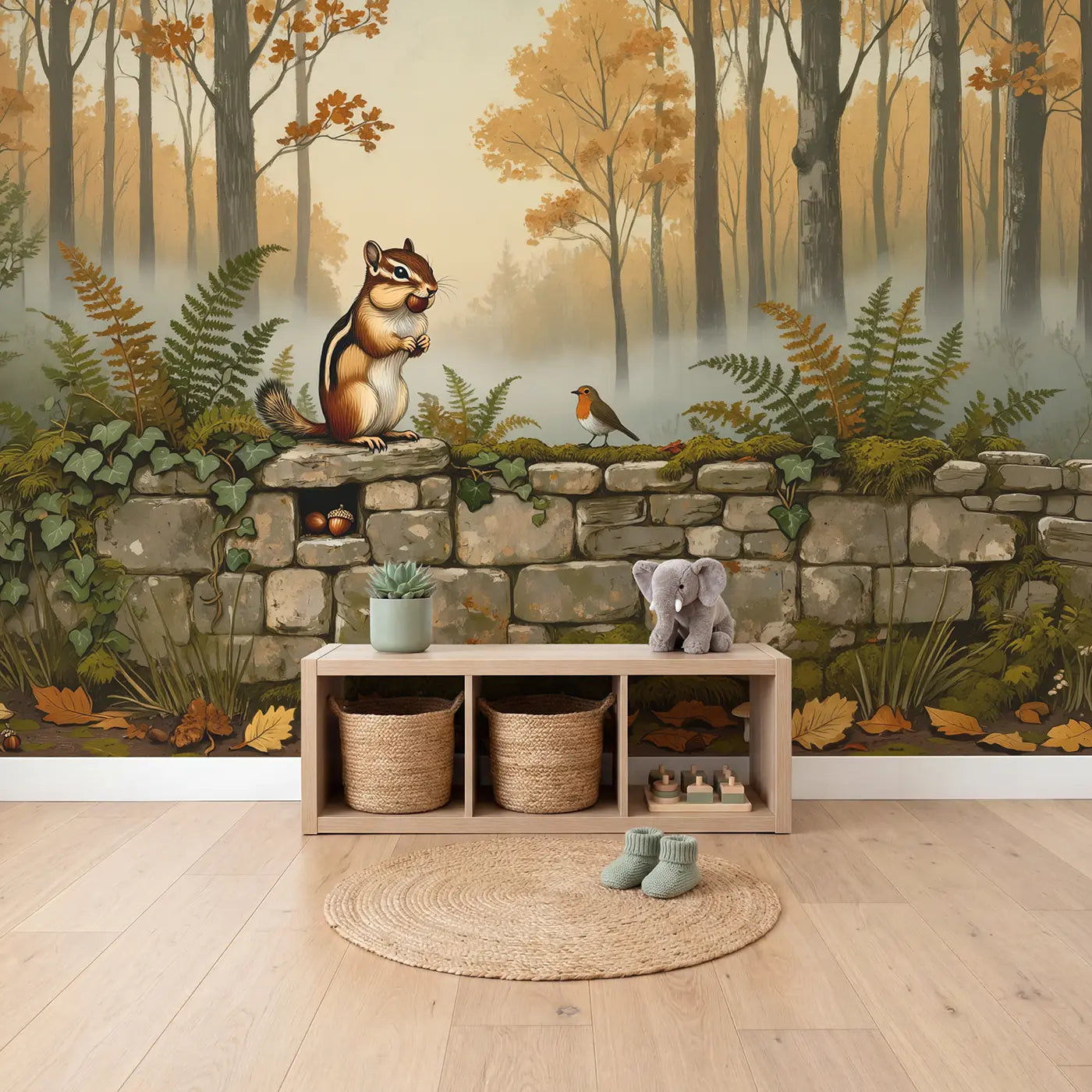 Chipmunk Acorn Wall Wallpaper Mural in playroom setting by Whimsy Tots
