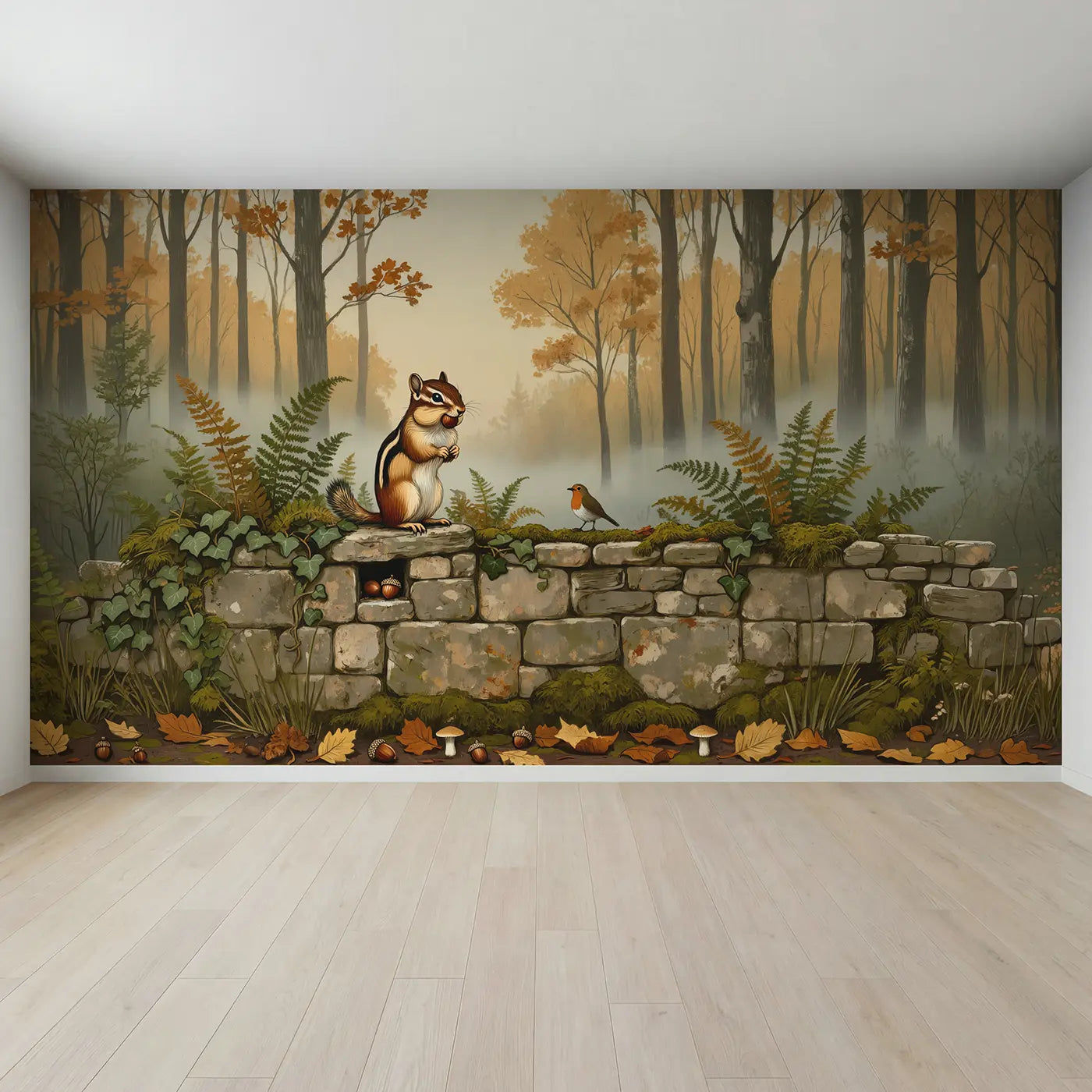Full view of Chipmunk Acorn Wall Wallpaper Mural by Whimsy Tots